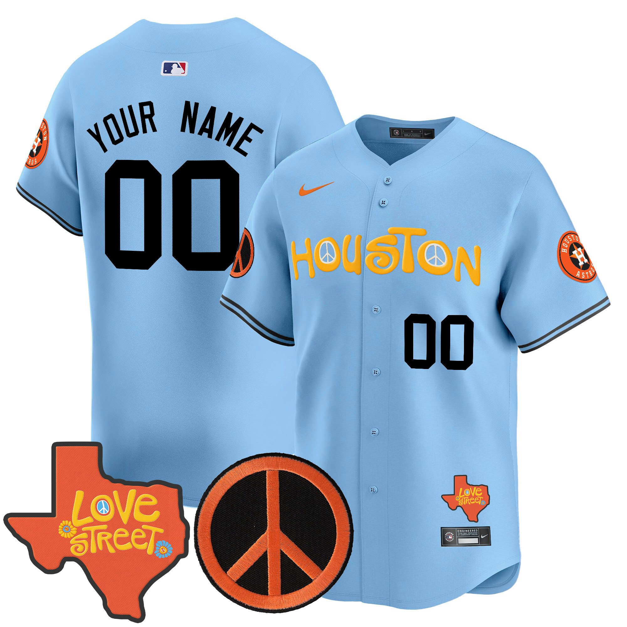 Men Houston Astros Love Street & Peace Sign Patch Vapor Premier Limited Custom Light Blue Jersey V2 - All Stitched
