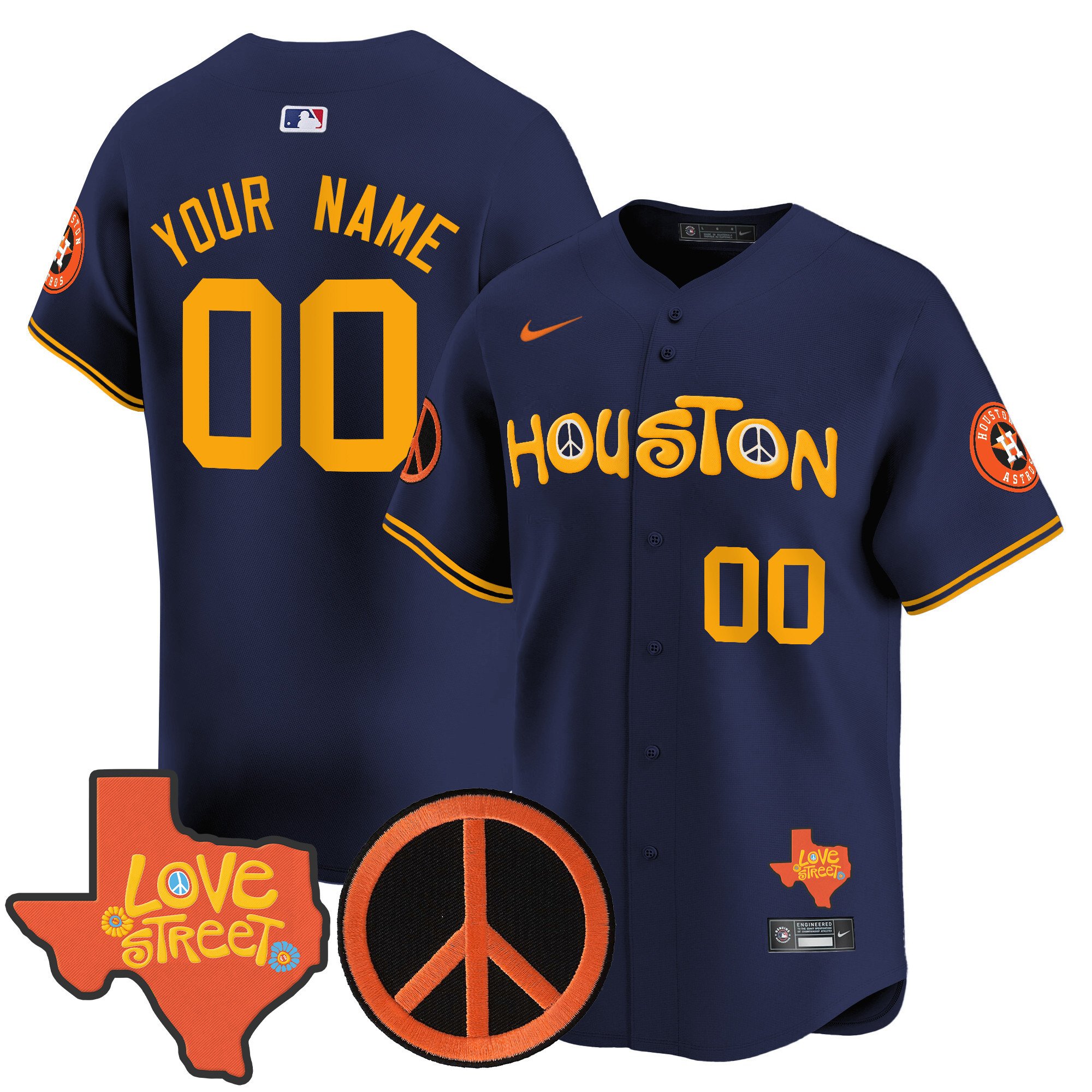 Men Houston Astros Love Street & Peace Sign Patch Vapor Premier Limited Custom Navy Jersey V2 - All Stitched