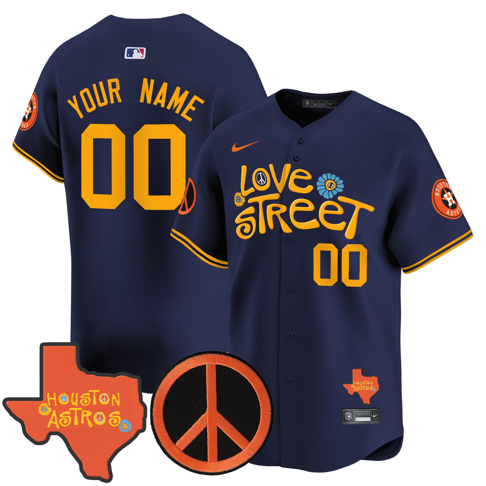 Men Houston Astros Love Street & Peace Sign Patch Vapor Premier Limited Custom Navy Jersey V3 - All Stitched