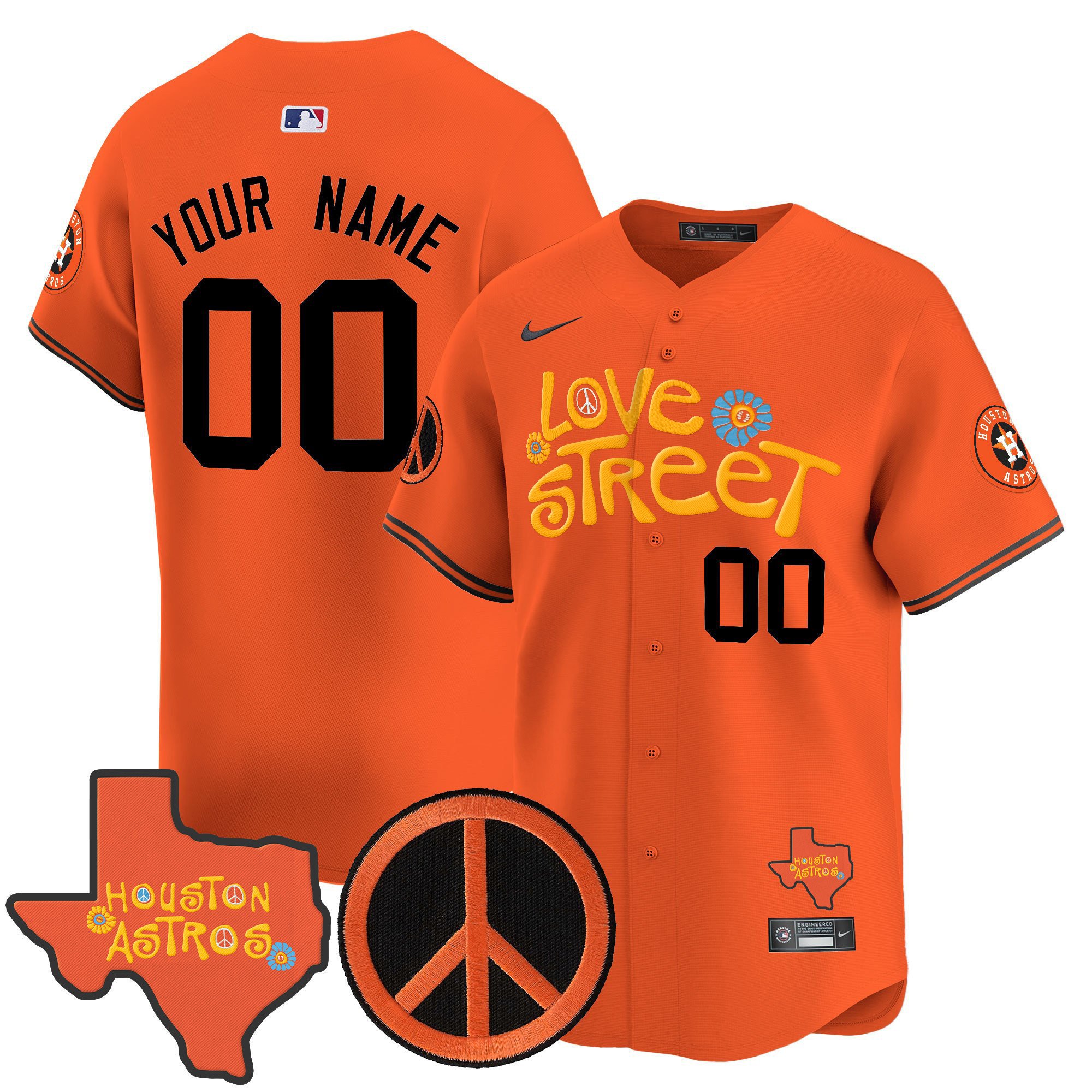 Men Houston Astros Love Street & Peace Sign Patch Vapor Premier Limited Custom Orange Jersey V3 - All Stitched