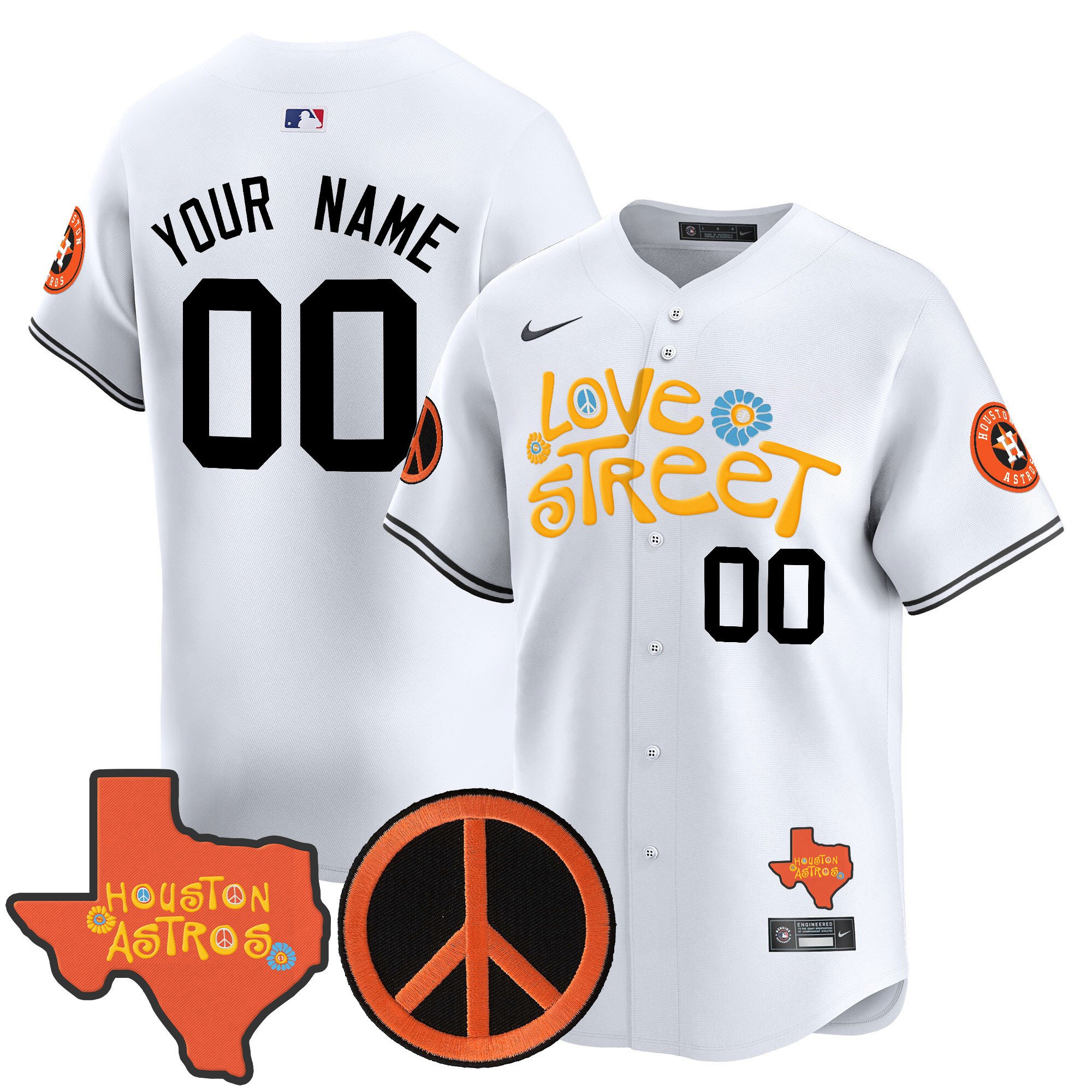 Men Houston Astros Love Street & Peace Sign Patch Vapor Premier Limited Custom White Jersey V3 - All Stitched