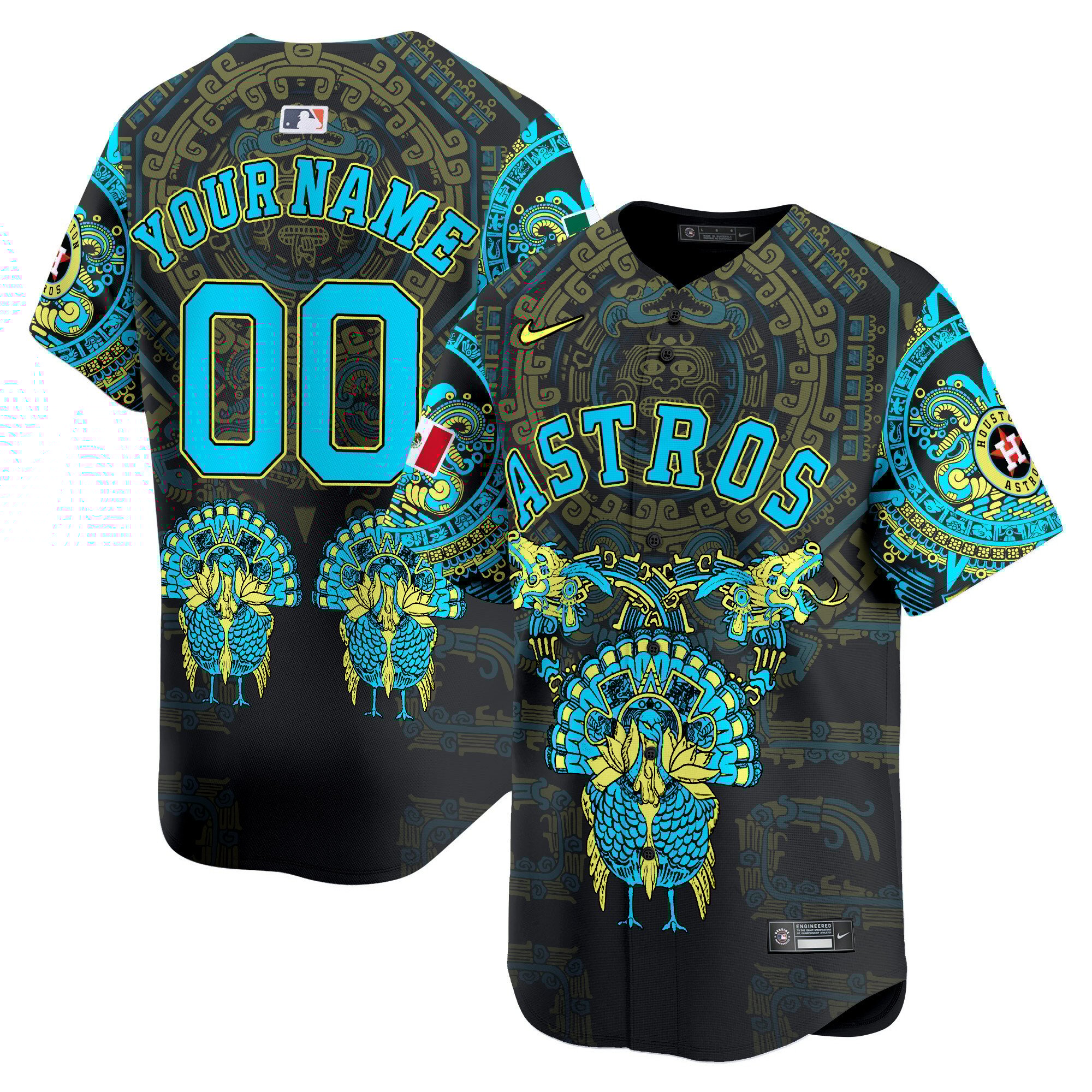 Men Houston Astros Mexico Aztec Vapor Premier Limited Custom Black Jersey - Printed