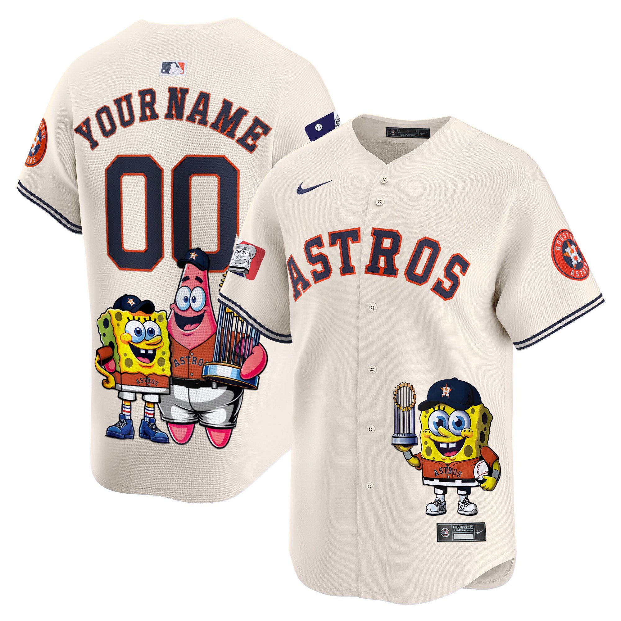 Men Houston Astros SpongeBob SquarePants Vapor Premier Limited Custom Cream Jersey - Printed