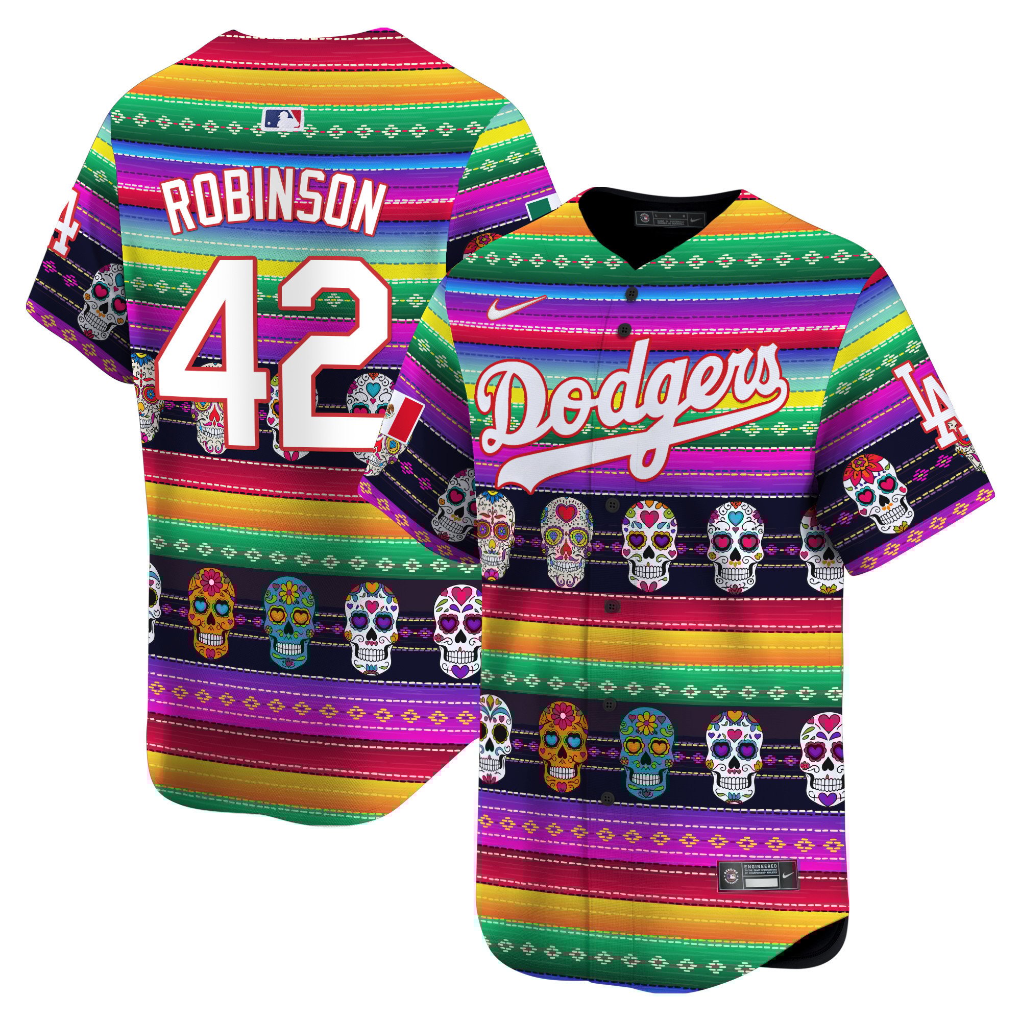 Men Jackie Robinson Los Angeles Dodgers Mexican Serape Sugar Skull Vapor Premier Limited Jersey - Printed