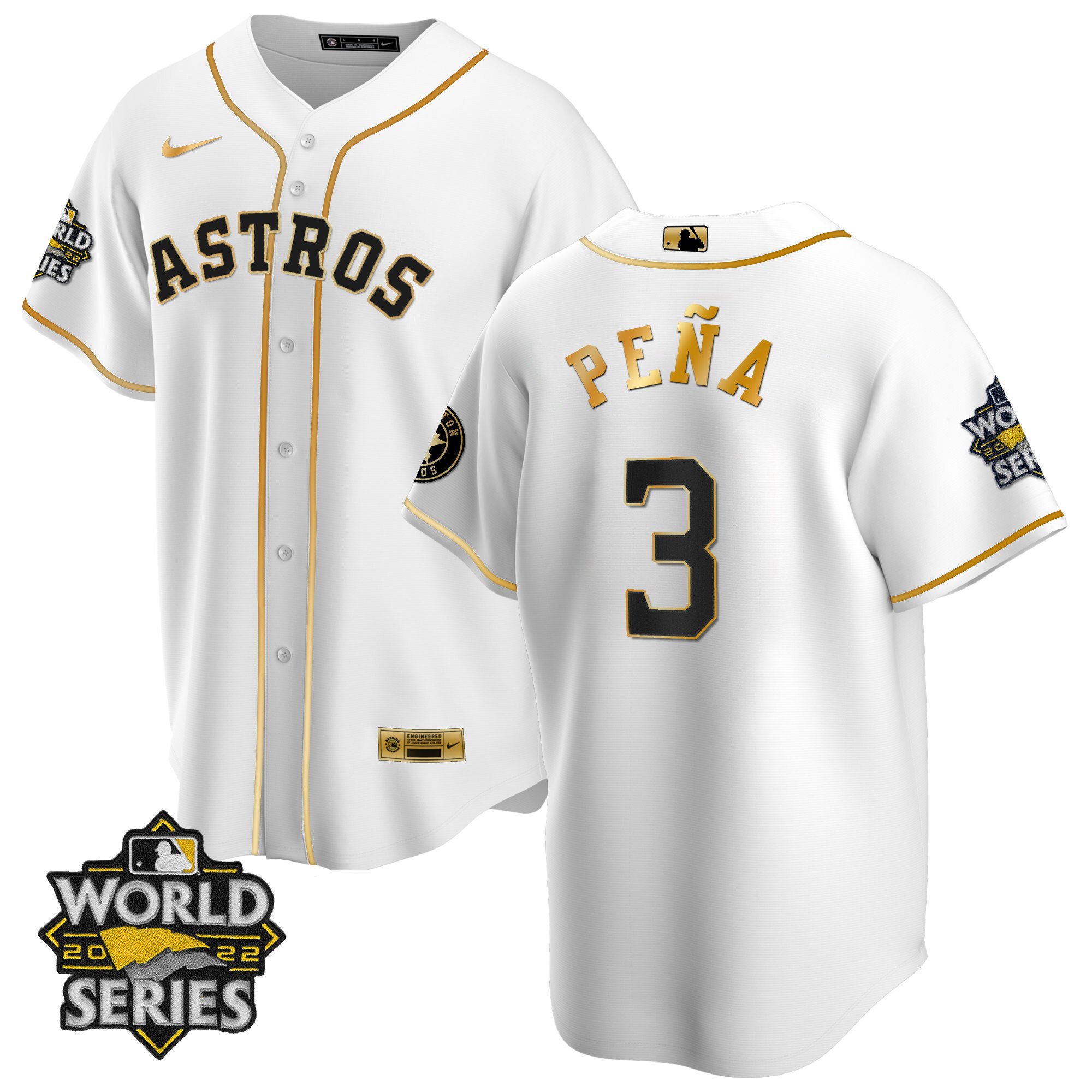 Men Jeremy PeÃ’a Houston Astros Cool Base White Gold 2022 World Series Jersey - All Stitched
