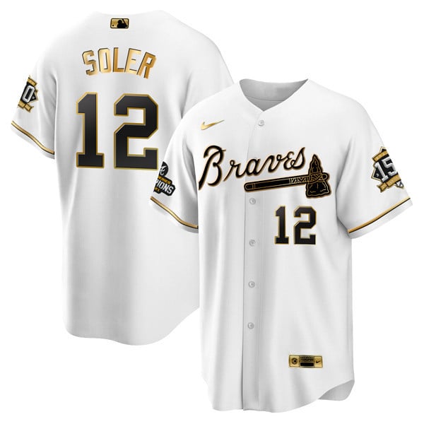 Men Jorge Soler Atlanta Braves World Series Champion White Gold Cool Base Jersey 2021 Ã± Stitched