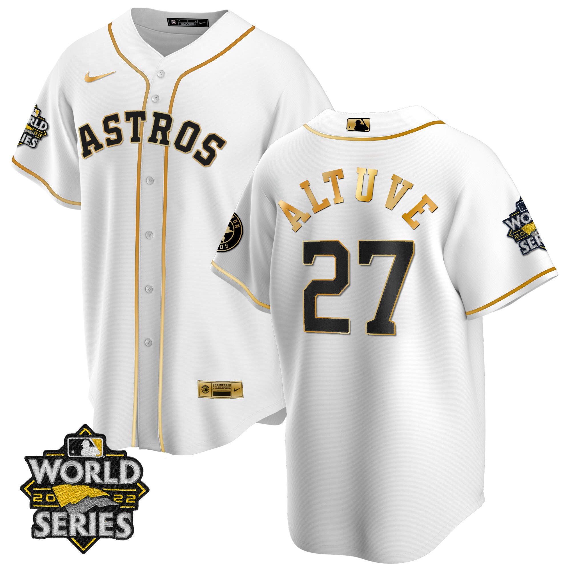 Men JosÃˆ Altuve Houston Astros Cool Base White Gold 2022 World Series Jersey - All Stitched