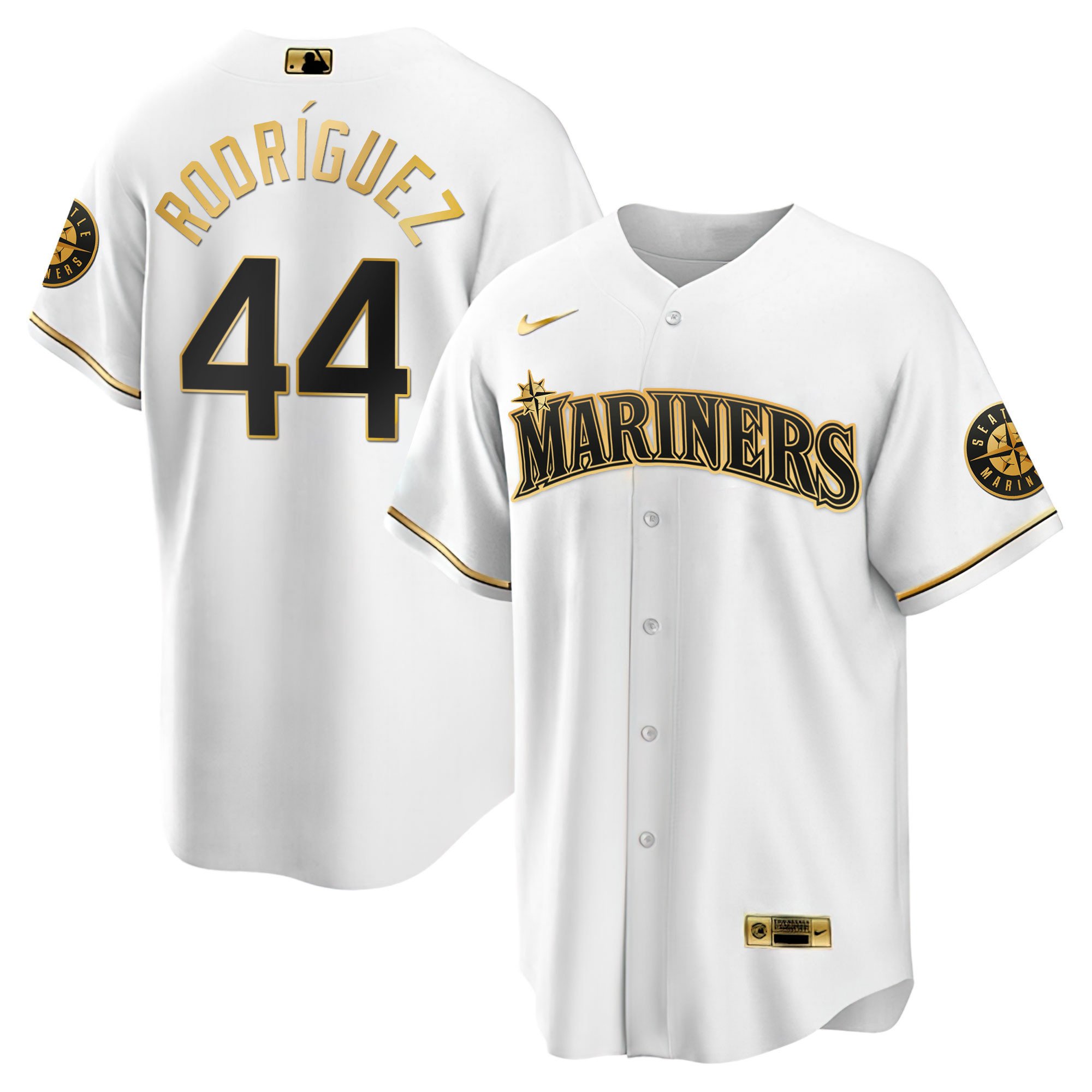 Men Julio Rodriguez Seattle Mariners White Gold & Black Gold Cool White Jersey - All Stitched