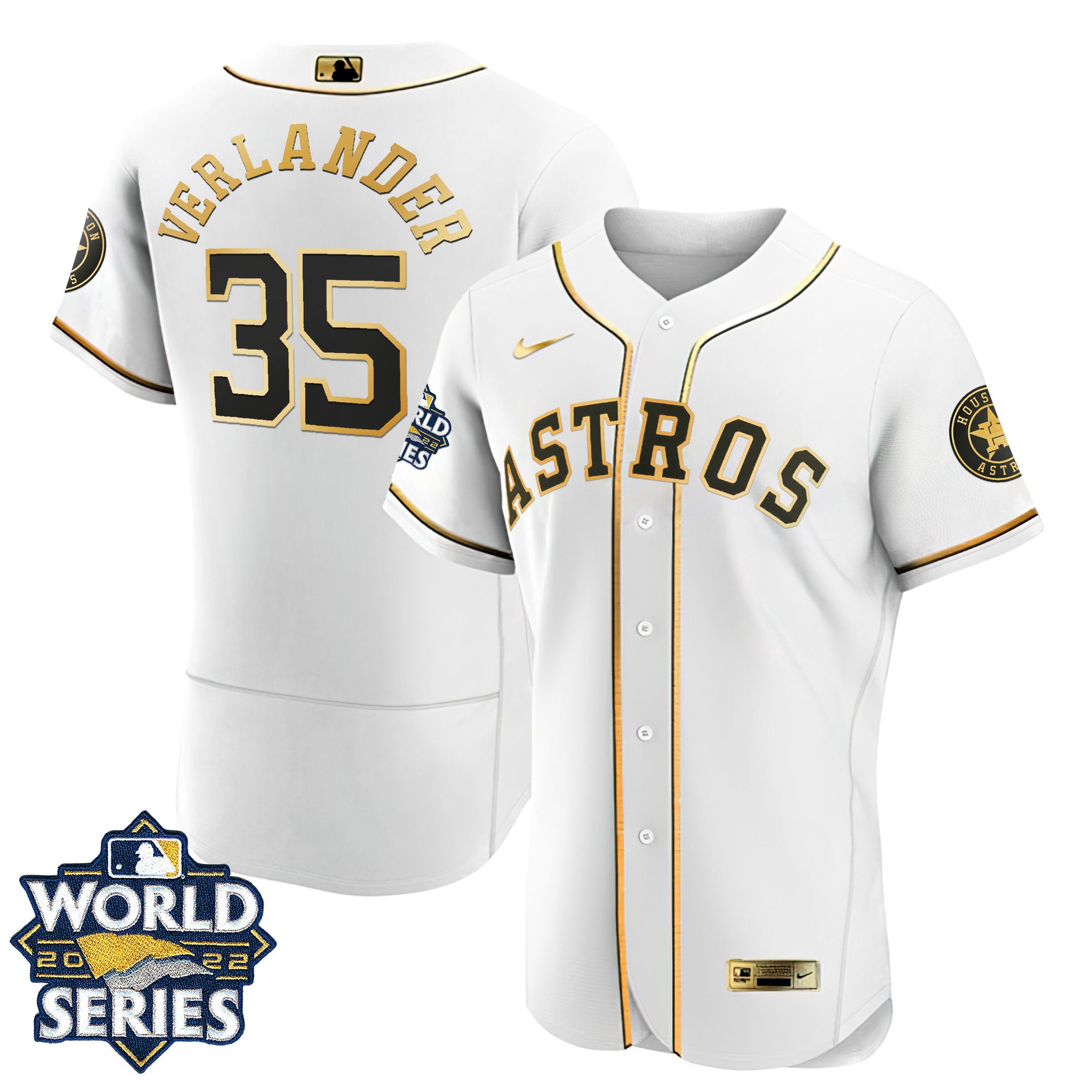 Men Justin Verlander Houston Astros Flex Base White Gold 2022 World Series Jersey - All Stitched