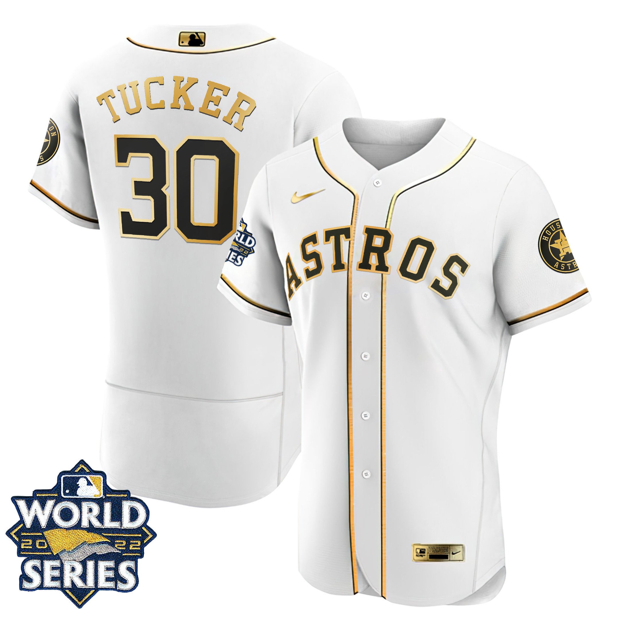 Men Kyle Tucker Houston Astros Flex Base White Gold 2022 World Series Jersey - All Stitched