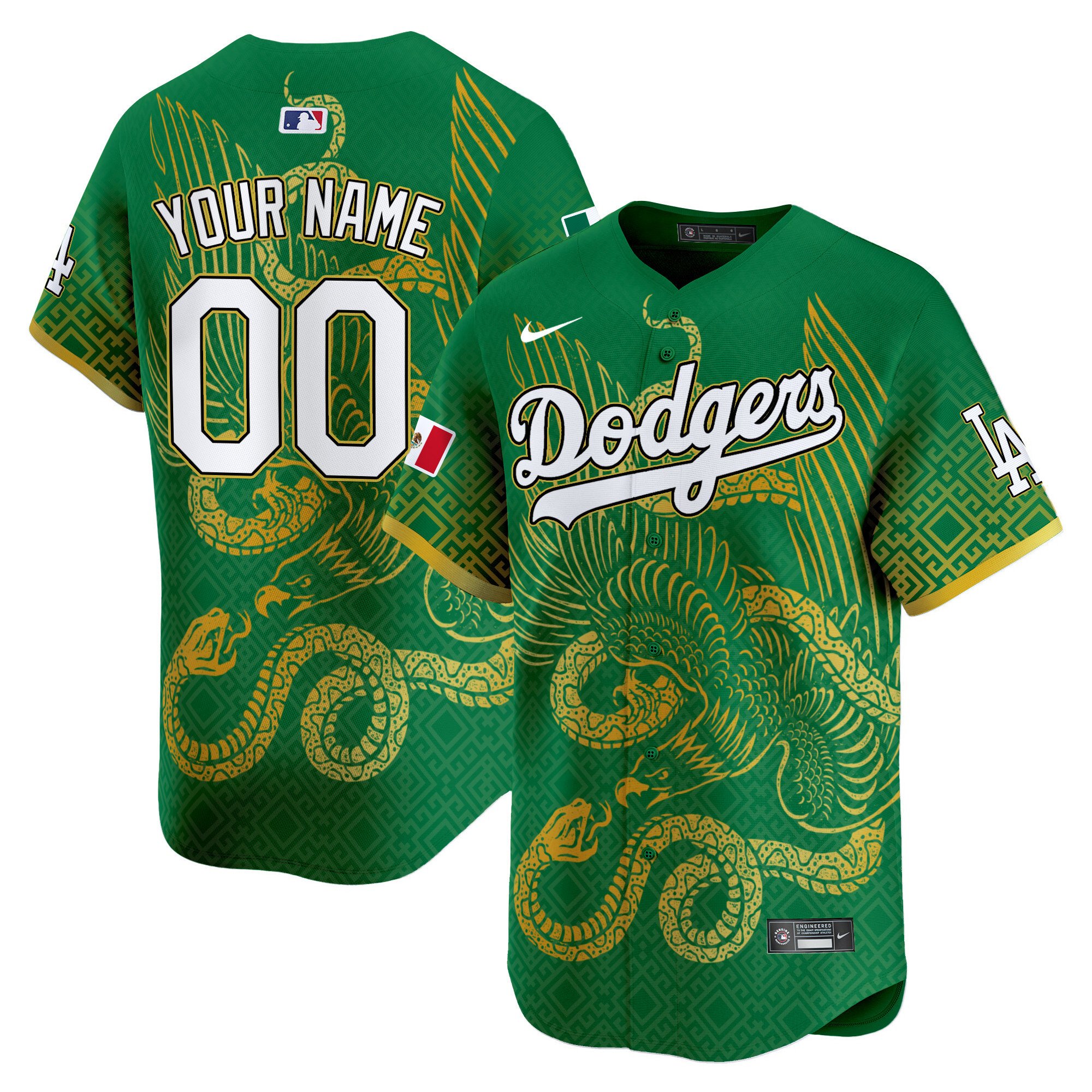 Men Los Angeles Dodgers Mexico Aztec Serpent Pattern Vapor Premier Limited Custom Green Jersey - Printed