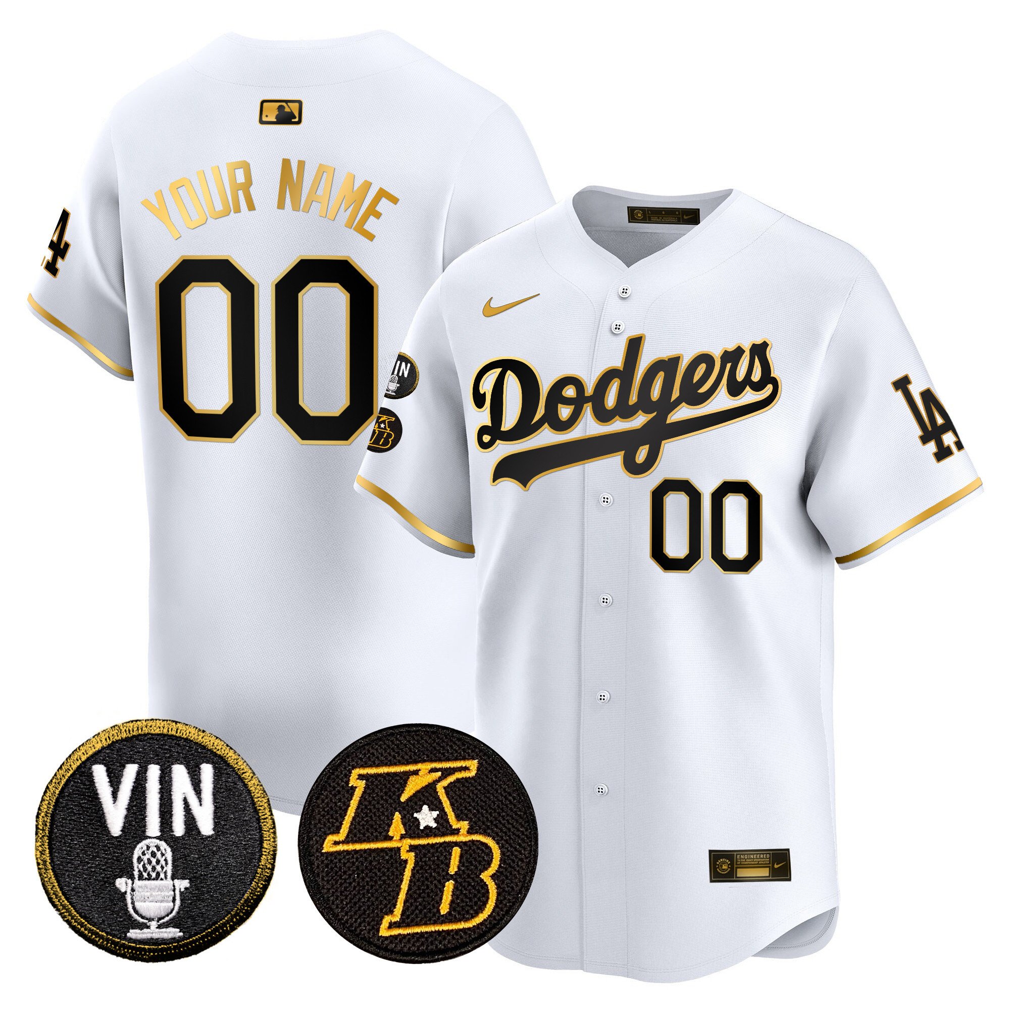 Men Los Angeles Dodgers Vin & Kobe Patch Gold Trim Vapor Premier Limited Custom White Gold Jersey - All Stitched