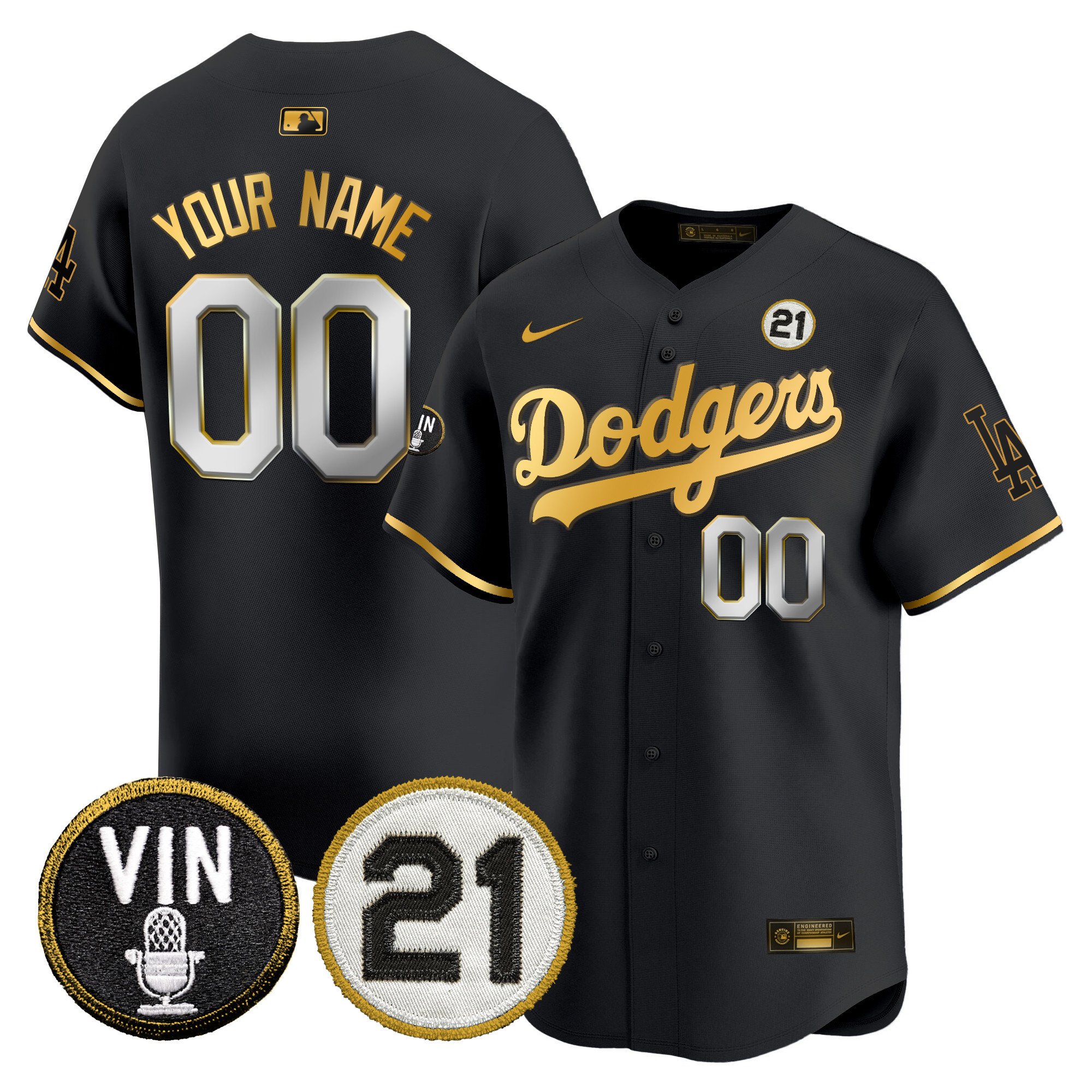 Men Los Angeles Dodgers Vin & Roberto Patch Gold Trim Vapor Premier Limited Custom Black Gold Jersey - All Stitched