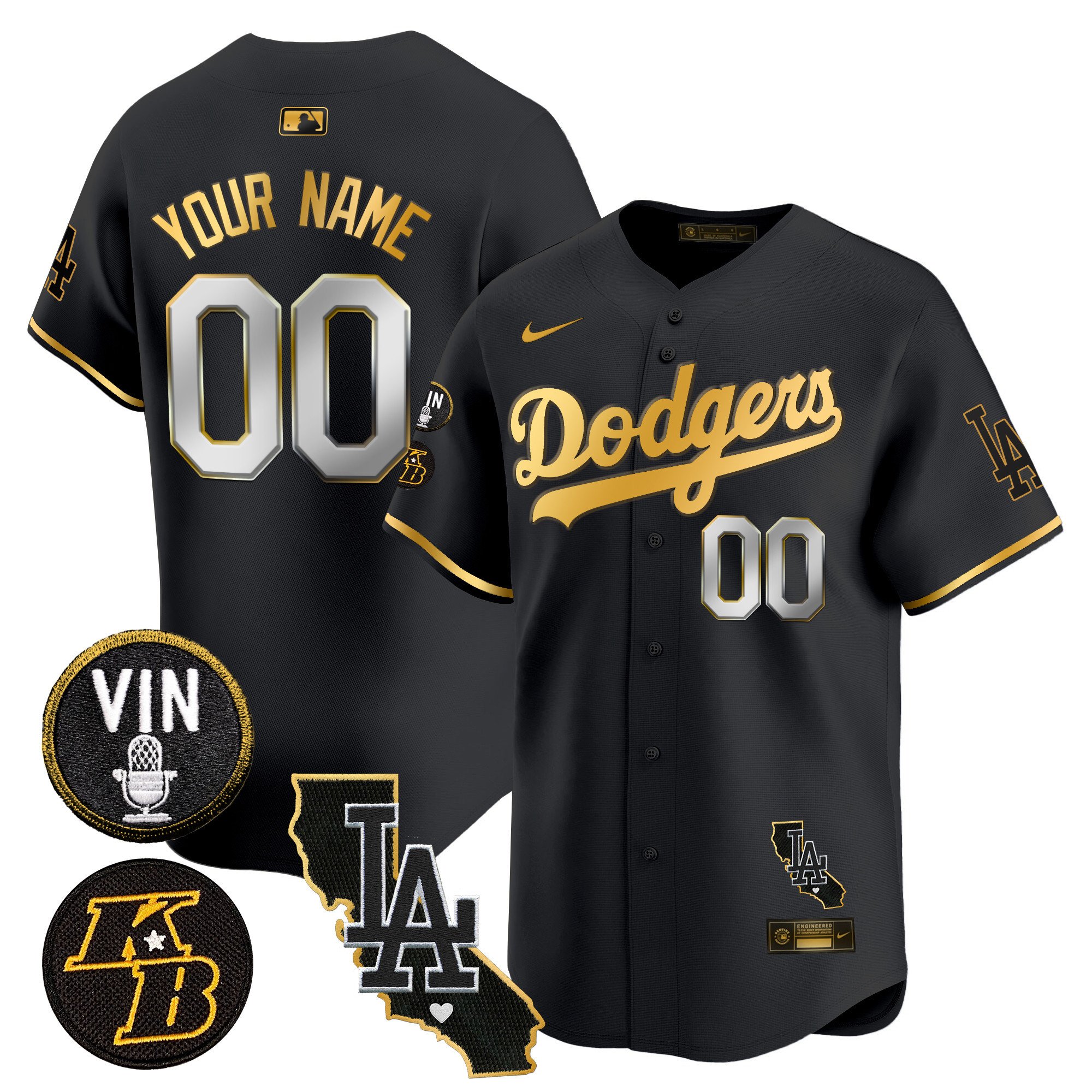 Men Los Angeles Dodgers Vin Patch & Kobe Bryant Gold Trim Vapor Premier Limited Custom Black Gold Jersey V2 - All Stitched