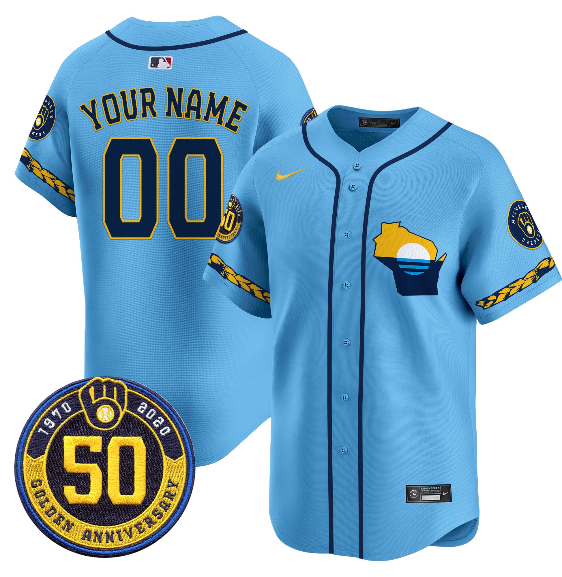 Men Milwaukee Brewers Golden 50th Anniversary Patch Vapor Premier Limited Custom Blue Jersey - All Stitched