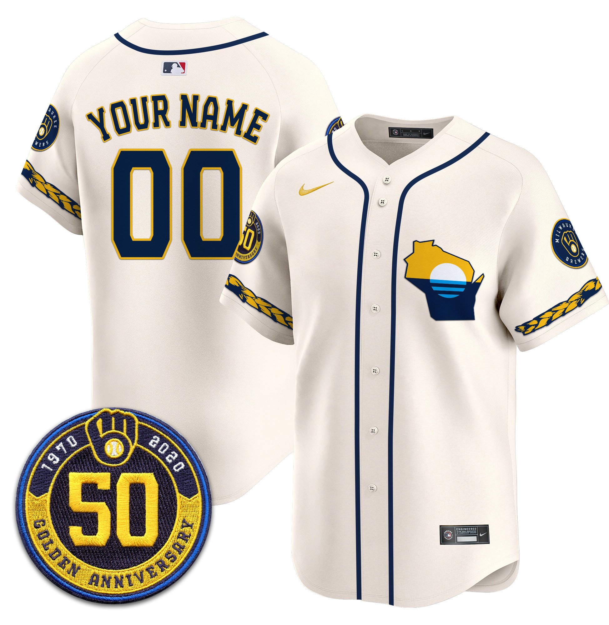 Men Milwaukee Brewers Golden 50th Anniversary Patch Vapor Premier Limited Custom Cream Jersey - All Stitched