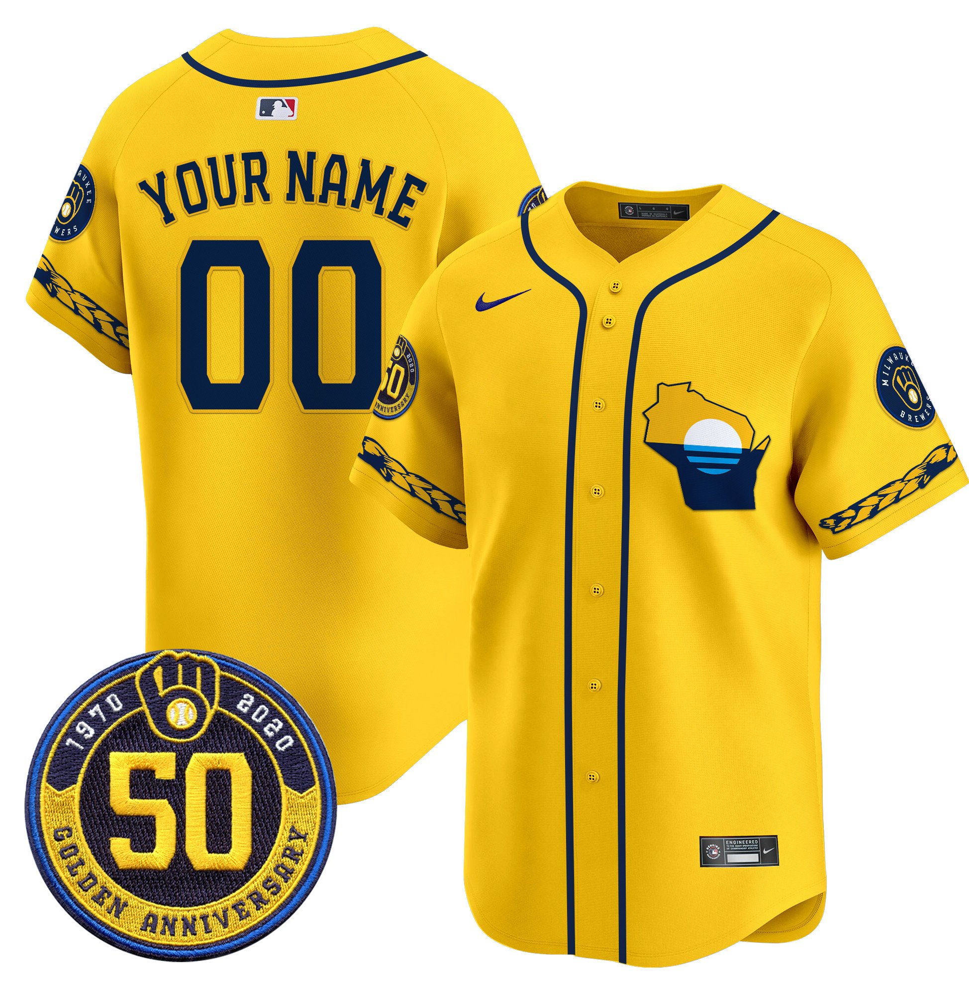 Men Milwaukee Brewers Golden 50th Anniversary Patch Vapor Premier Limited Custom Gold Jersey - All Stitched