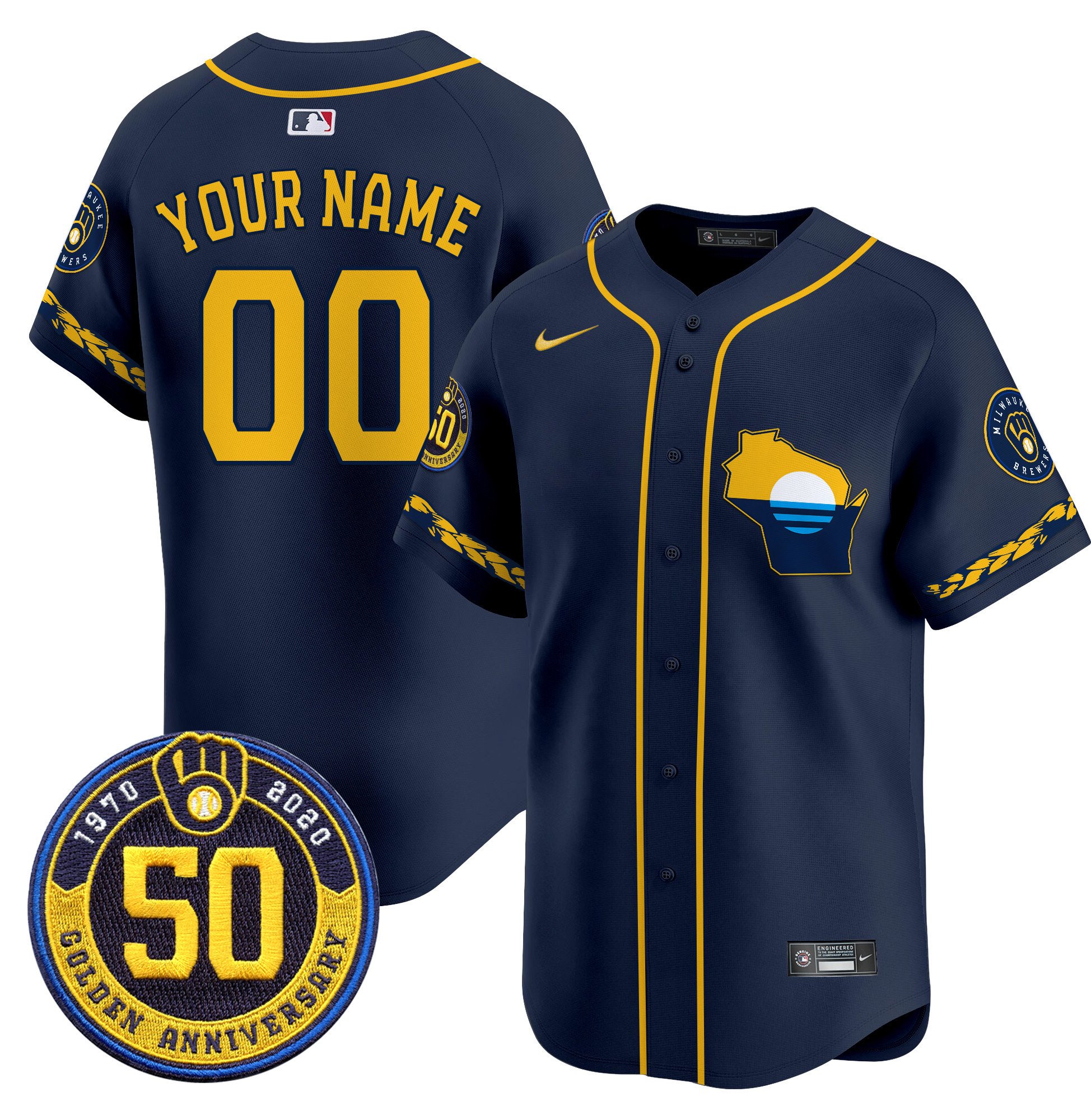 Men Milwaukee Brewers Golden 50th Anniversary Patch Vapor Premier Limited Custom Navy Jersey - All Stitched