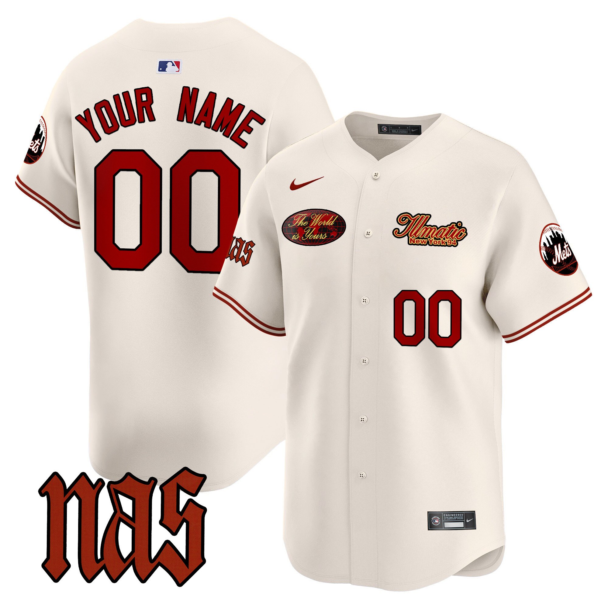 Men New York Mets Nas Illmatic Vapor Premier Limited Custom Cream Jersey V2 - All Stitched