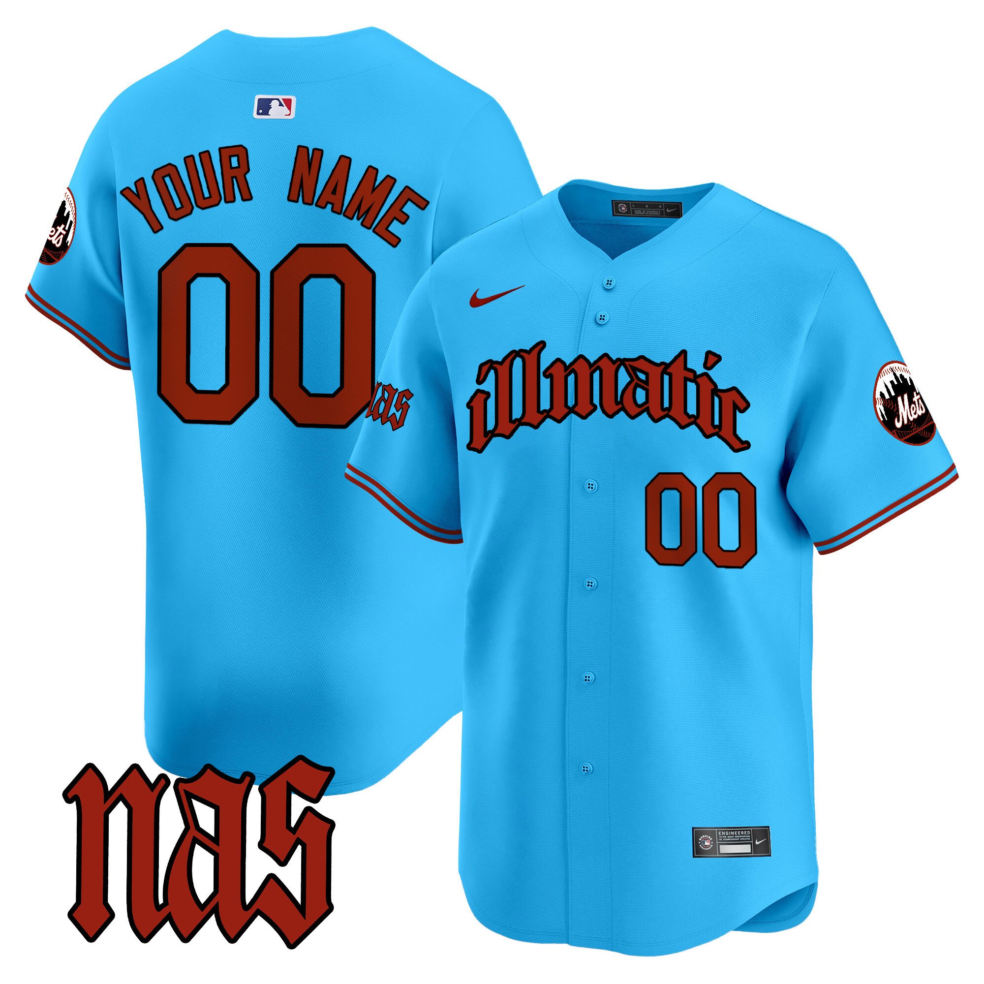 Men New York Mets Nas Illmatic Vapor Premier Limited Custom Light Blue Jersey - All Stitched