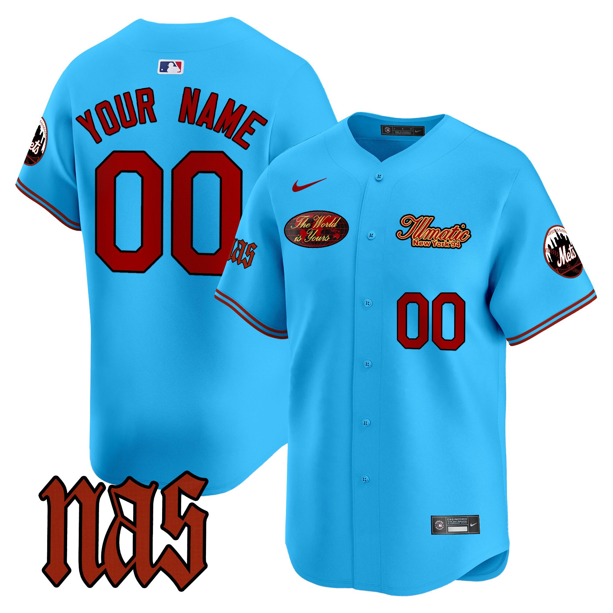 Men New York Mets Nas Illmatic Vapor Premier Limited Custom Light Blue Jersey V2 - All Stitched