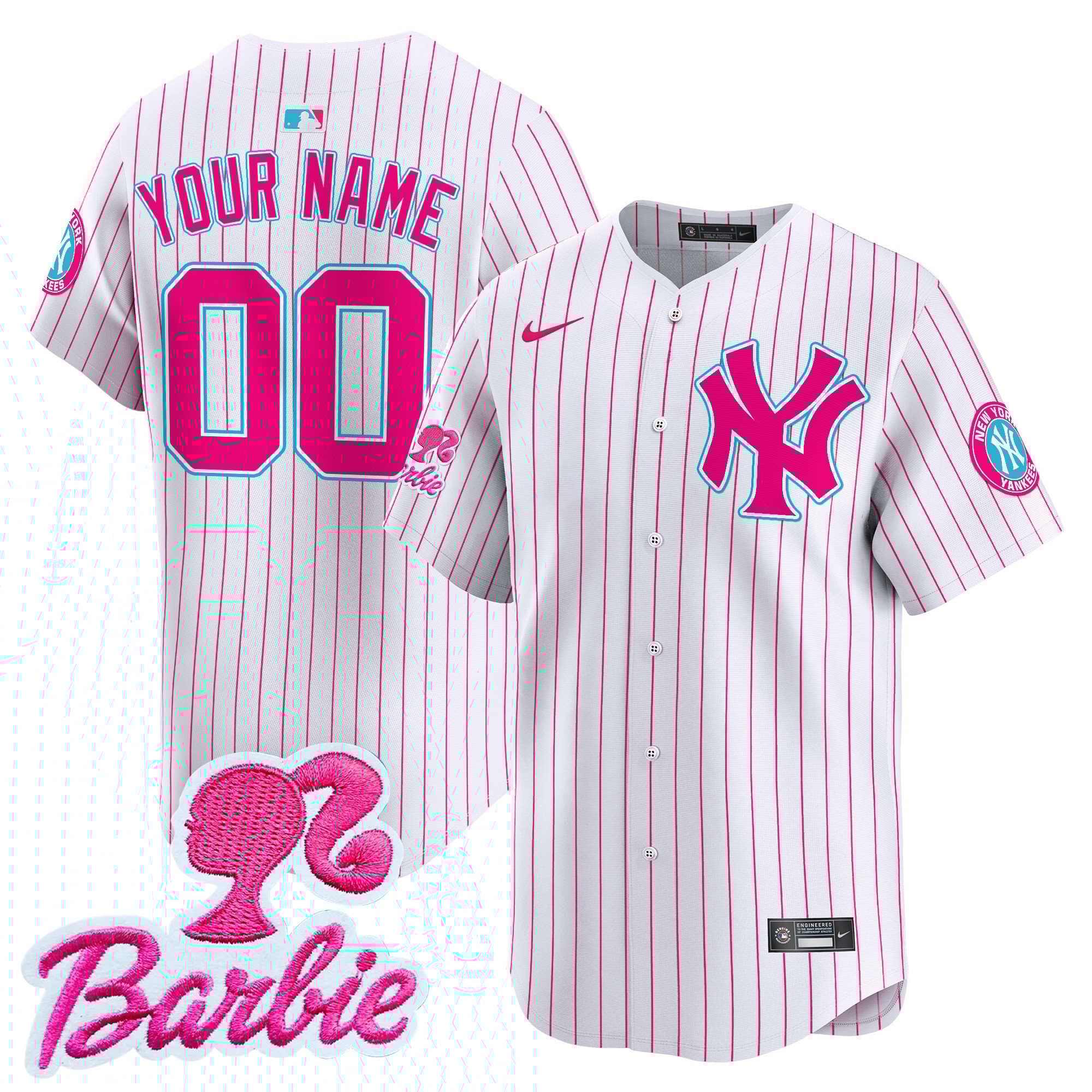 Men New York Yankees Barbie Patch Vapor Premier Limited Custom Pink Stripe Jersey - All Stitched