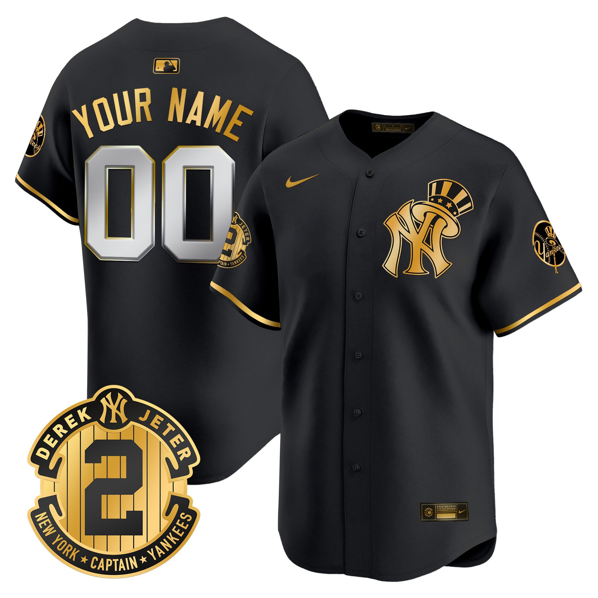Men New York Yankees Derek Jeter Patch Vapor Premier Limited Custom Black Gold Jersey V2 - All Stitched