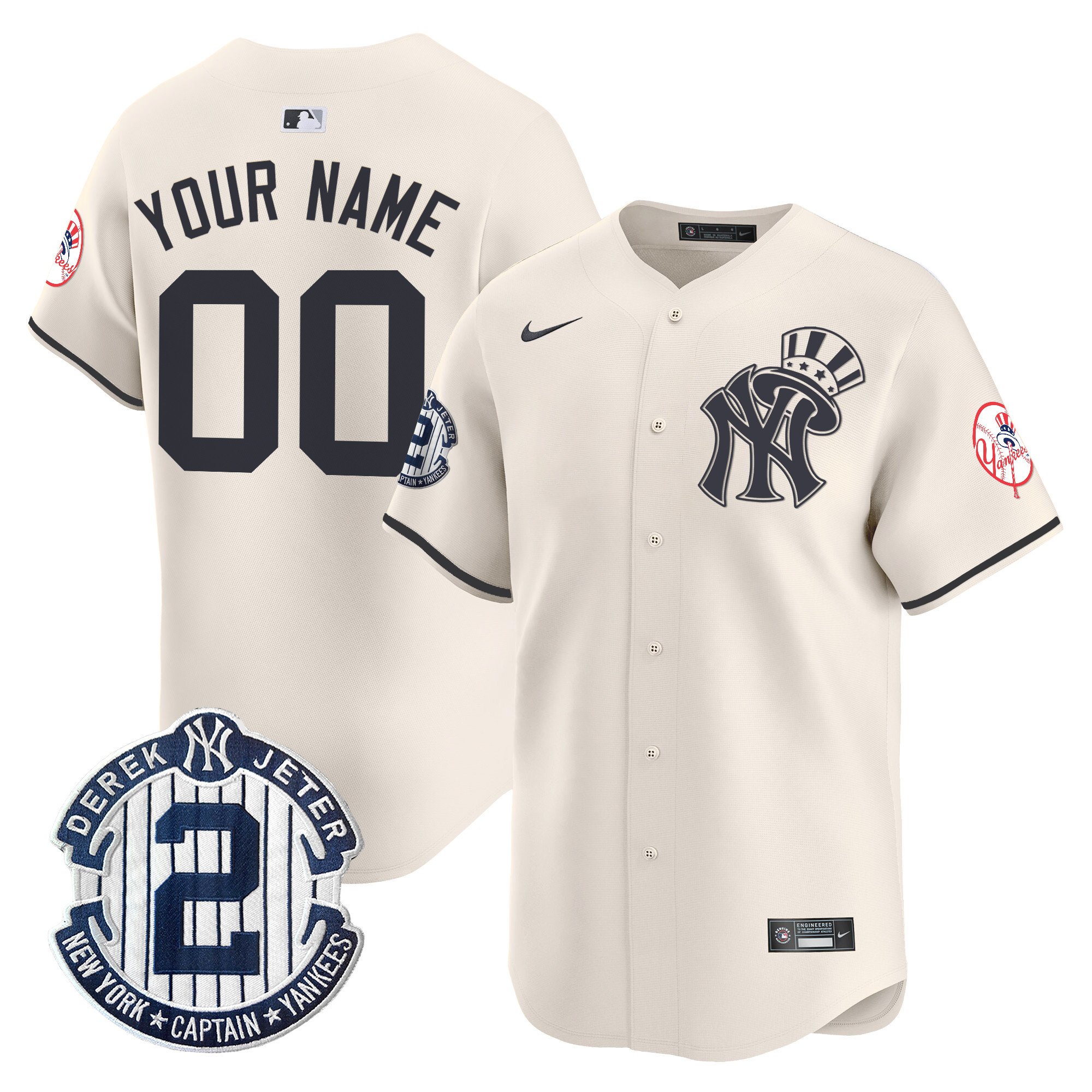 Men New York Yankees Derek Jeter Patch Vapor Premier Limited Custom Cream Jersey V2 - All Stitched