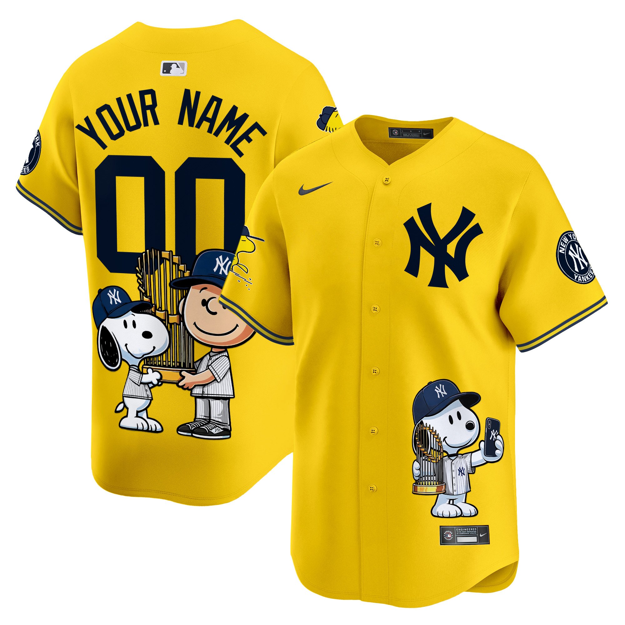 Men New York Yankees Peanut Snoopy Vapor Premier Limited Custom Yellow Jersey - Printed