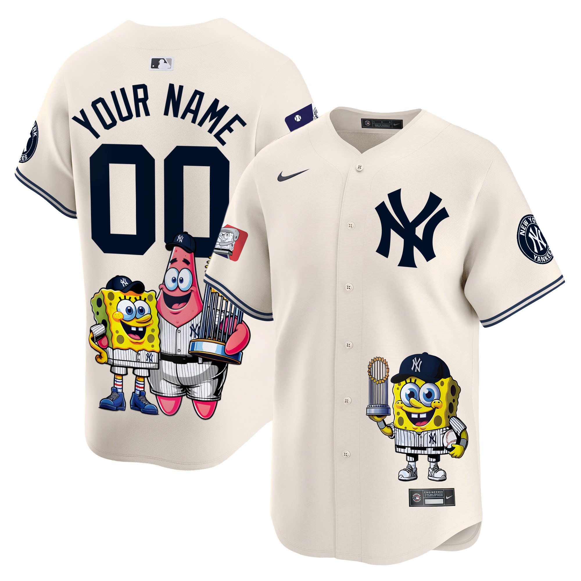 Men New York Yankees SpongeBob SquarePants Vapor Premier Limited Custom Cream Jersey - Printed