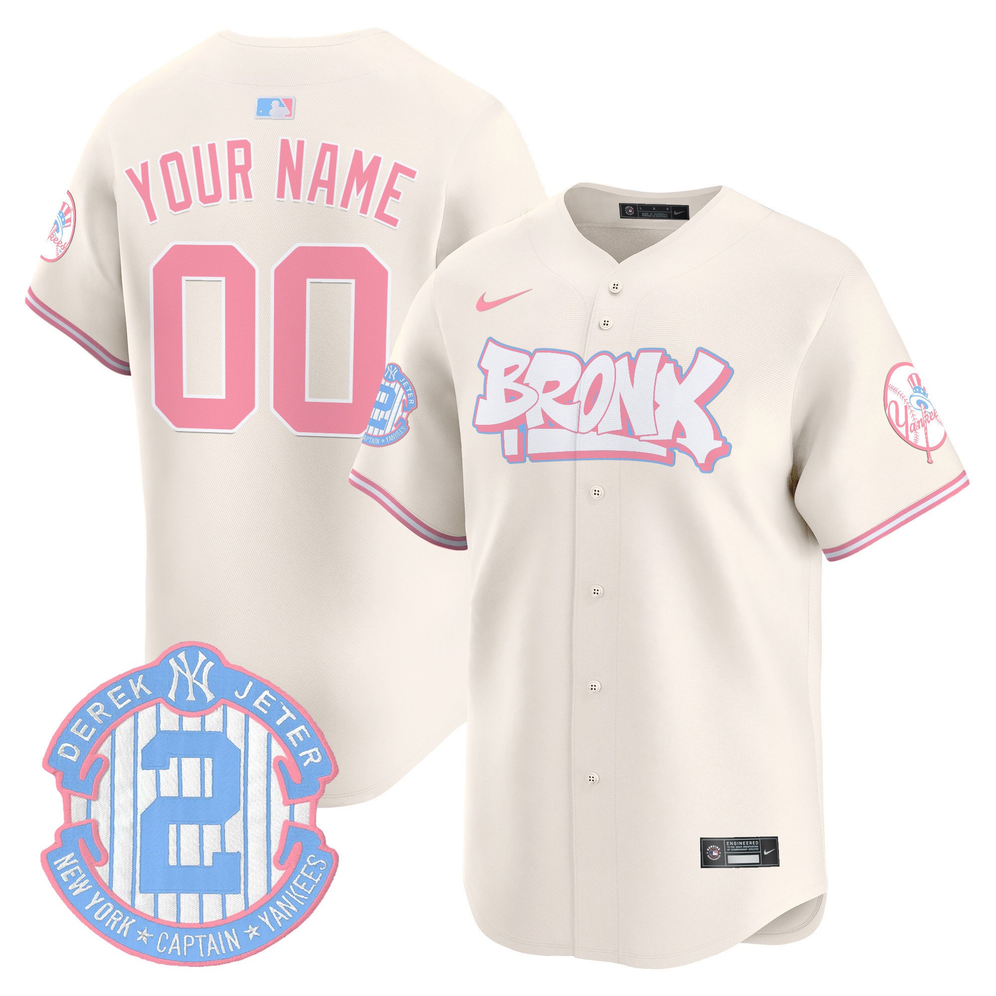 Men New York Yankees The Bronx Graffiti Bubblegum Pink Vapor Premier Limited Custom Cream Jersey V2 - All Stitched