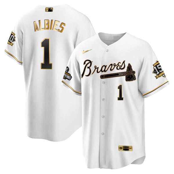 Men Ozzie Albies Atlanta Braves World Series Champion White Gold Cool Base Jersey 2021 Ã± Stitched
