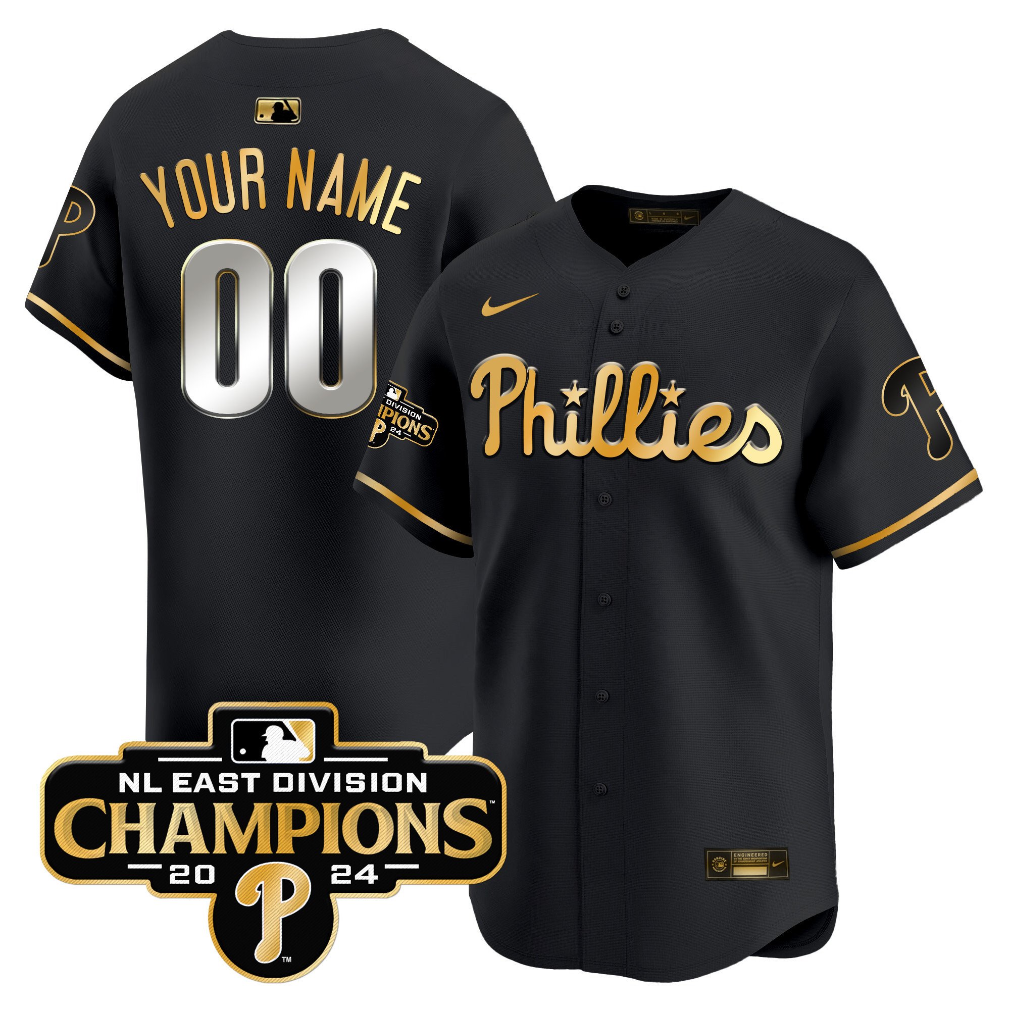 Men Philadelphia Phillies 2024 NL East Division Champions Gold Vapor Premier Limited Custom Black Gold Jersey - All Stitched