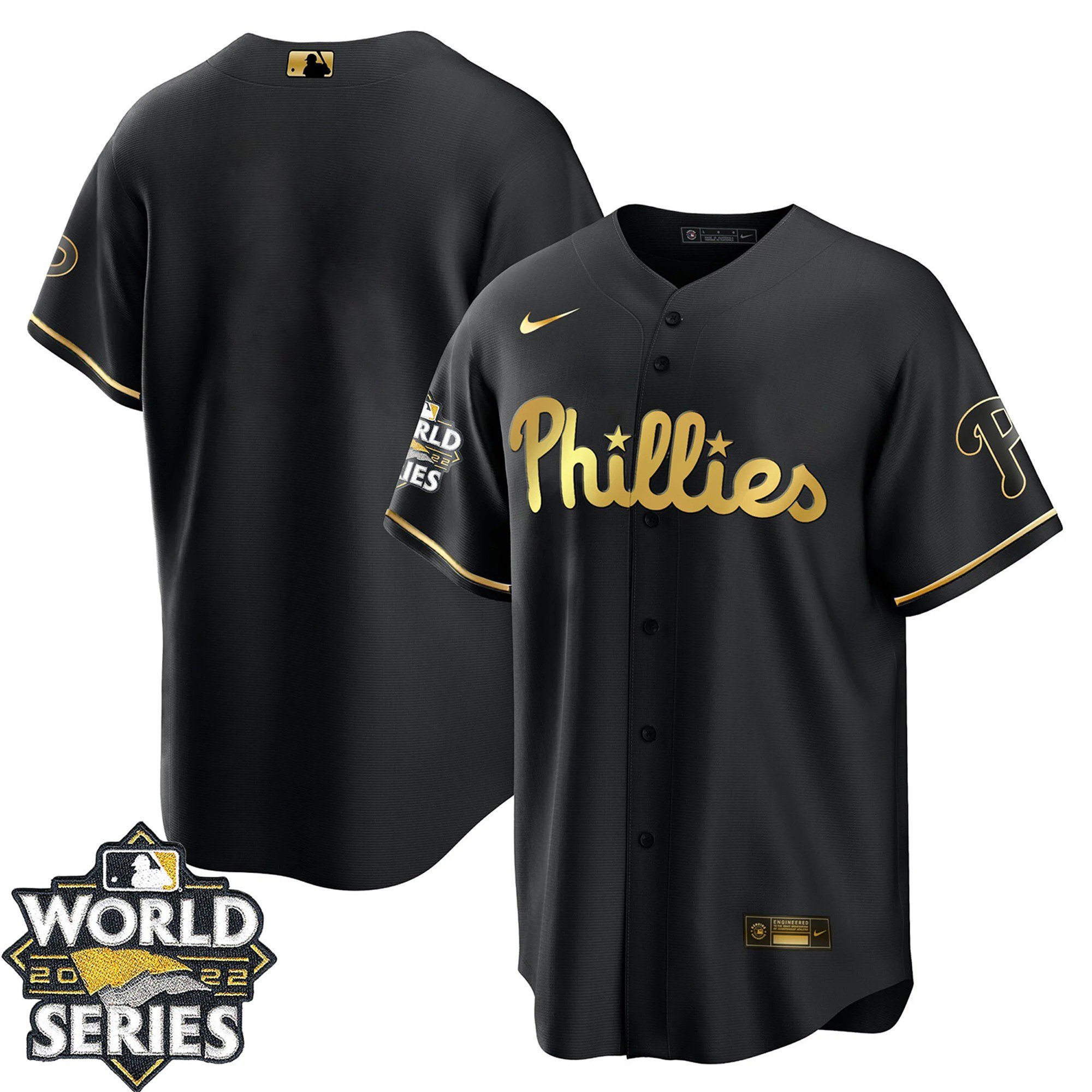 Men Philadelphia Phillies Black Gold & White Gold Team Cool Black Jersey - All Stitched