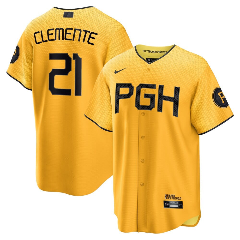 Men Roberto Clemente Pittsburgh Pirates Gold City Connect Cool Base Jersey - All Stitched