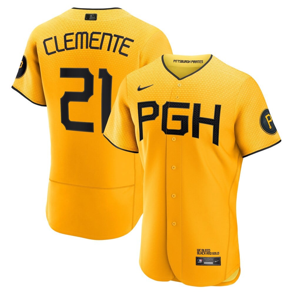 Men Roberto Clemente Pittsburgh Pirates Gold City Connect Flex Base Jersey - All Stitched