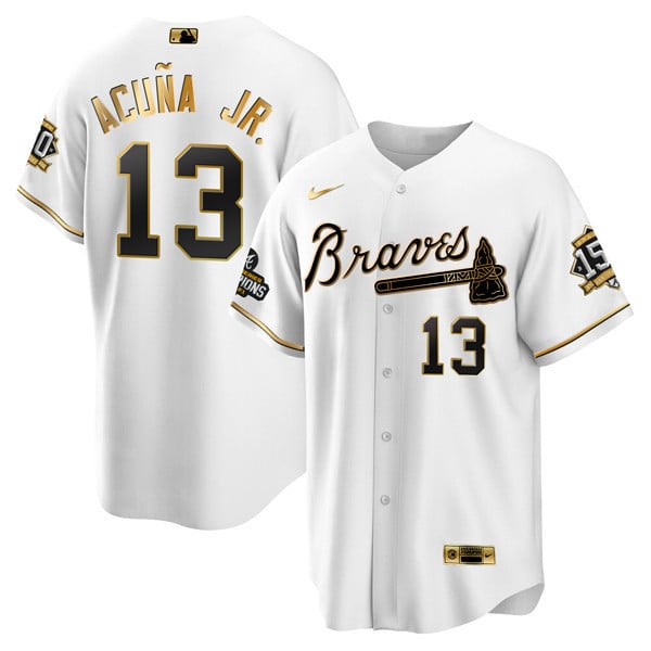 Men Ronald AcuÃ’a Jr. Atlanta Braves World Series Champion White Gold Cool Base Jersey 2021 Ã± Stitched