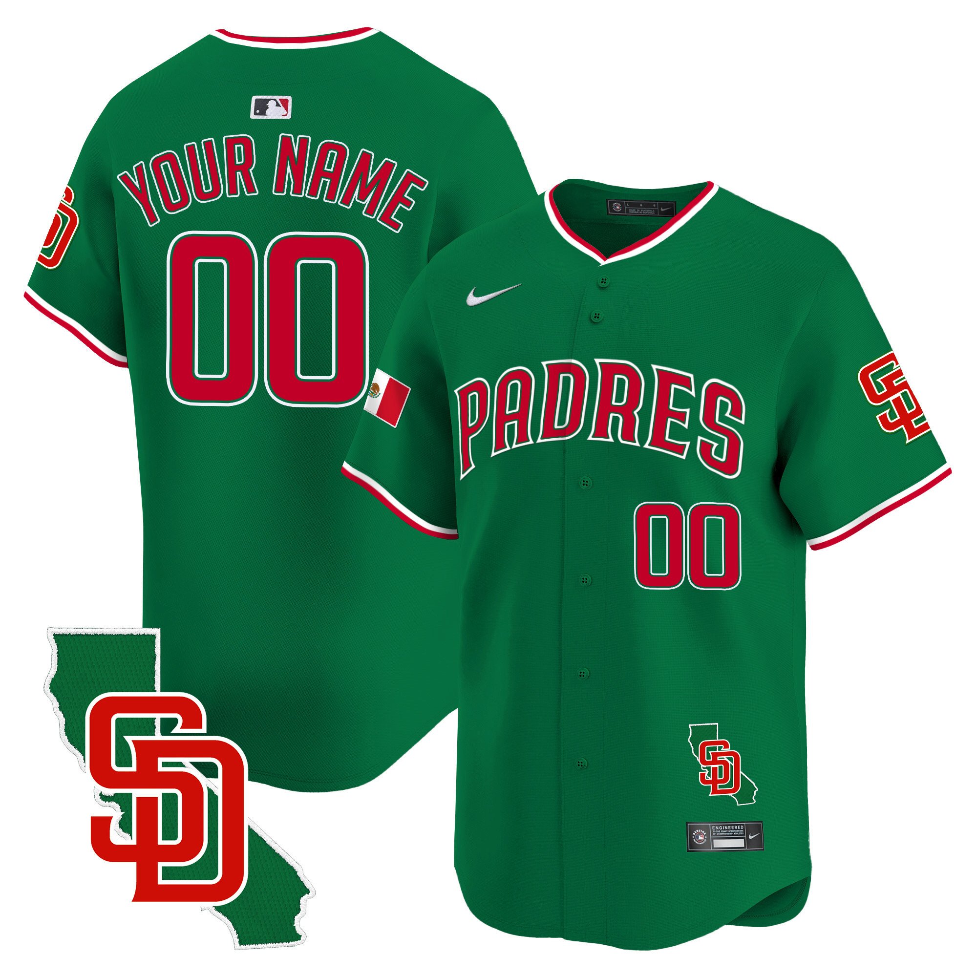 Men San Diego Padres Mexico California Patch Vapor Premier Limited Custom Green Jersey V5 Ã± All Stitched