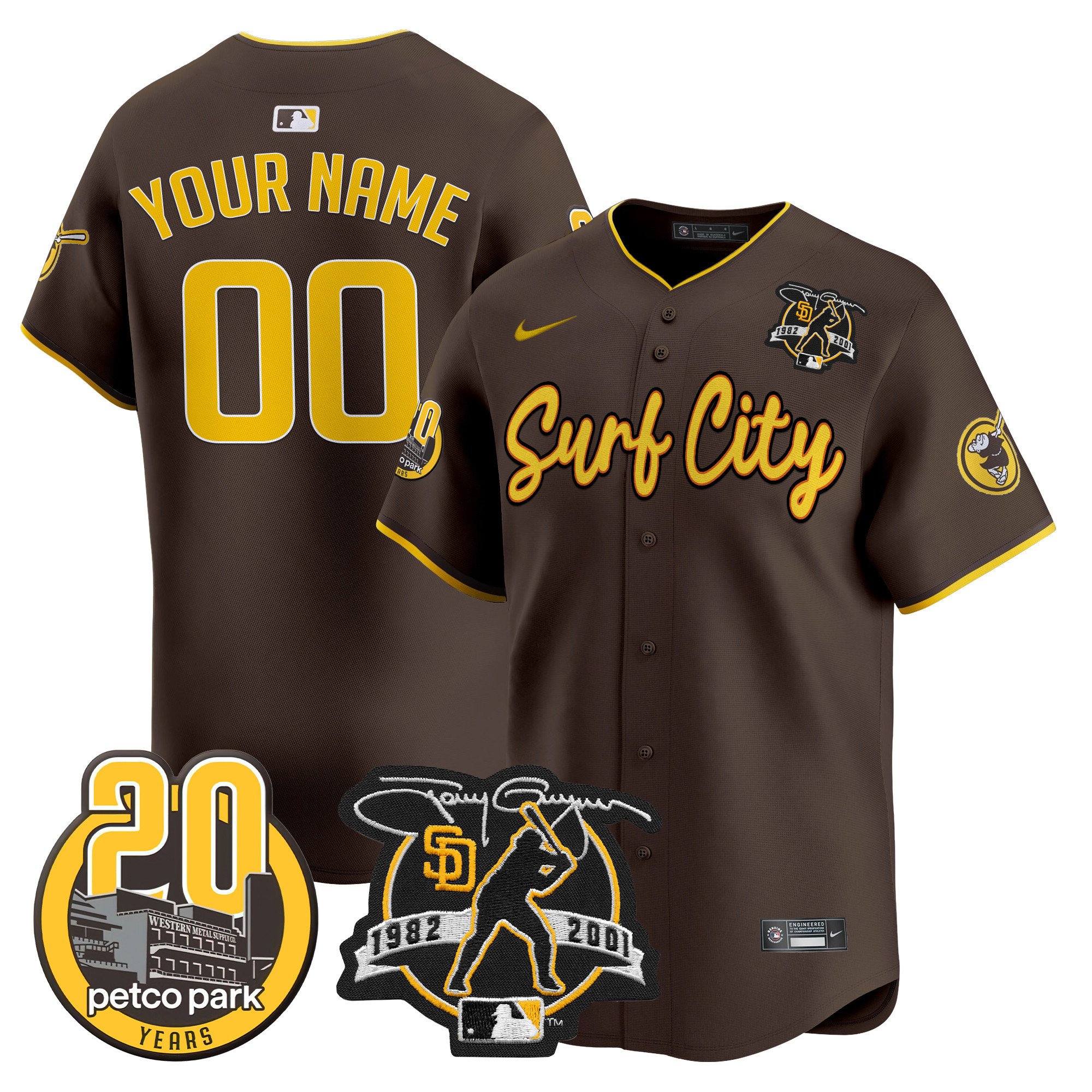 Men San Diego Padres Tony Gwynn & Petco Park 20th Patch Vapor Premier Limited Custom Brown Jersey V3 Ã± All Stitched