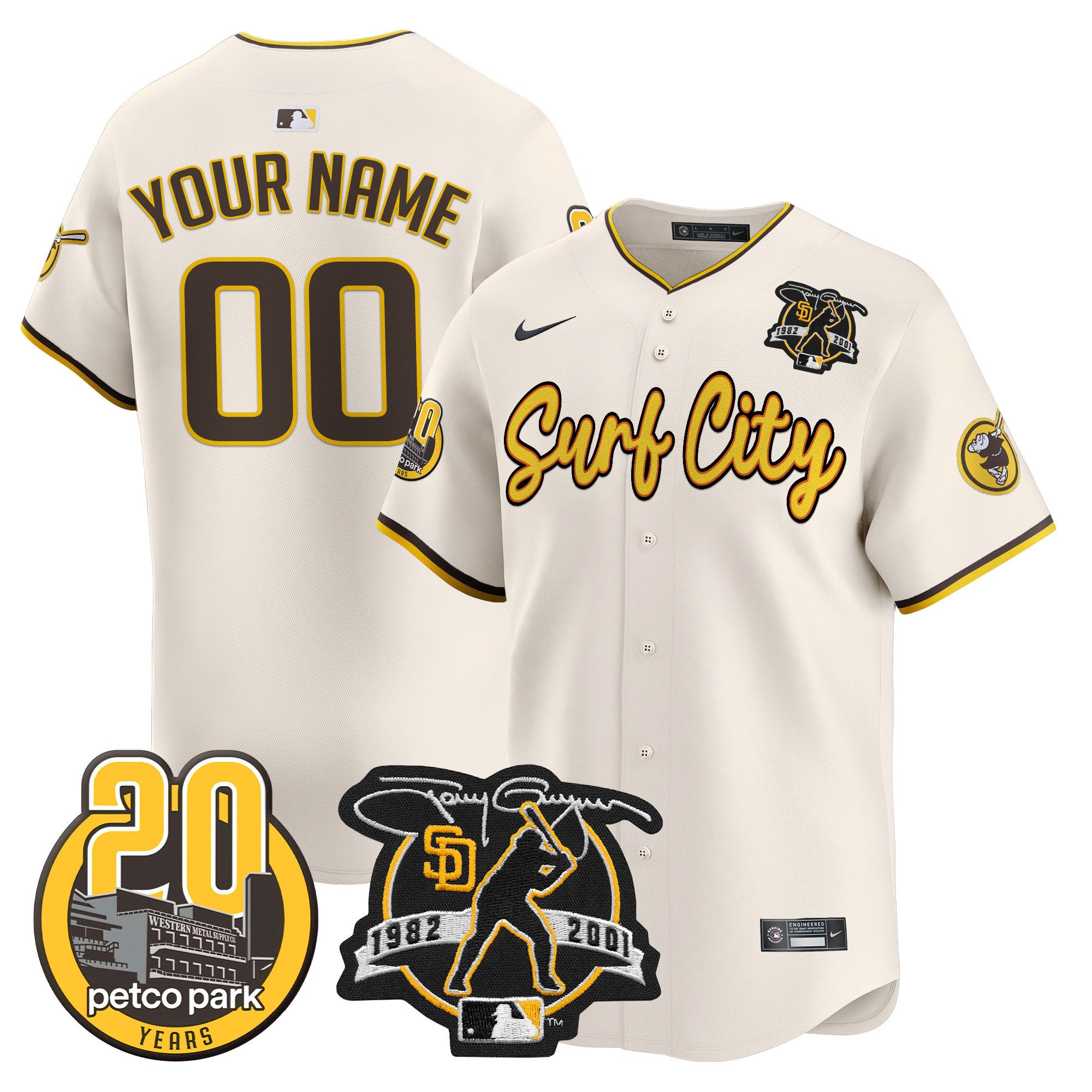 Men San Diego Padres Tony Gwynn & Petco Park 20th Patch Vapor Premier Limited Custom Cream Jersey V3 Ã± All Stitched