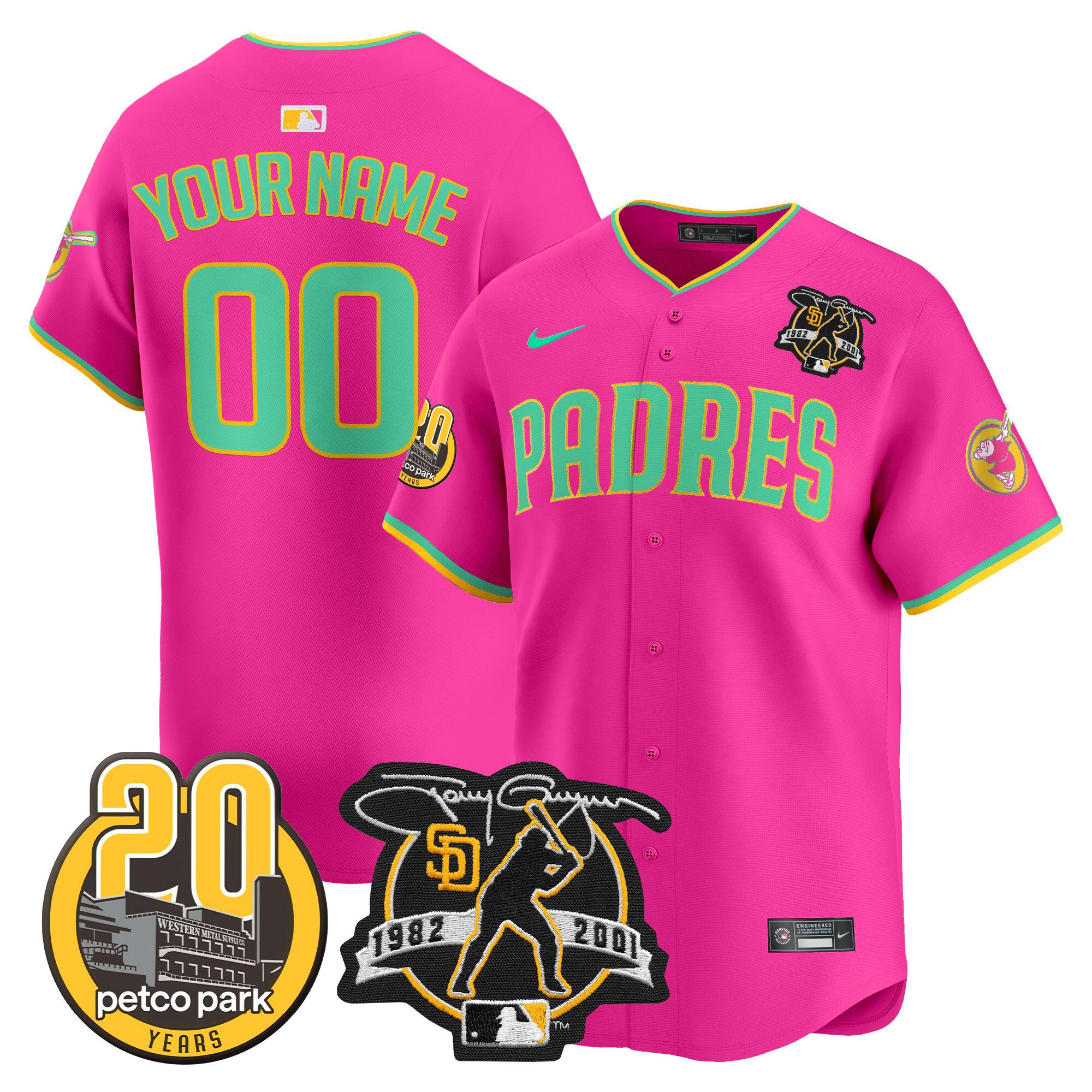 Men San Diego Padres Tony Gwynn & Petco Park 20th Patch Vapor Premier Limited Custom Pink Jersey V2 Ã± All Stitched