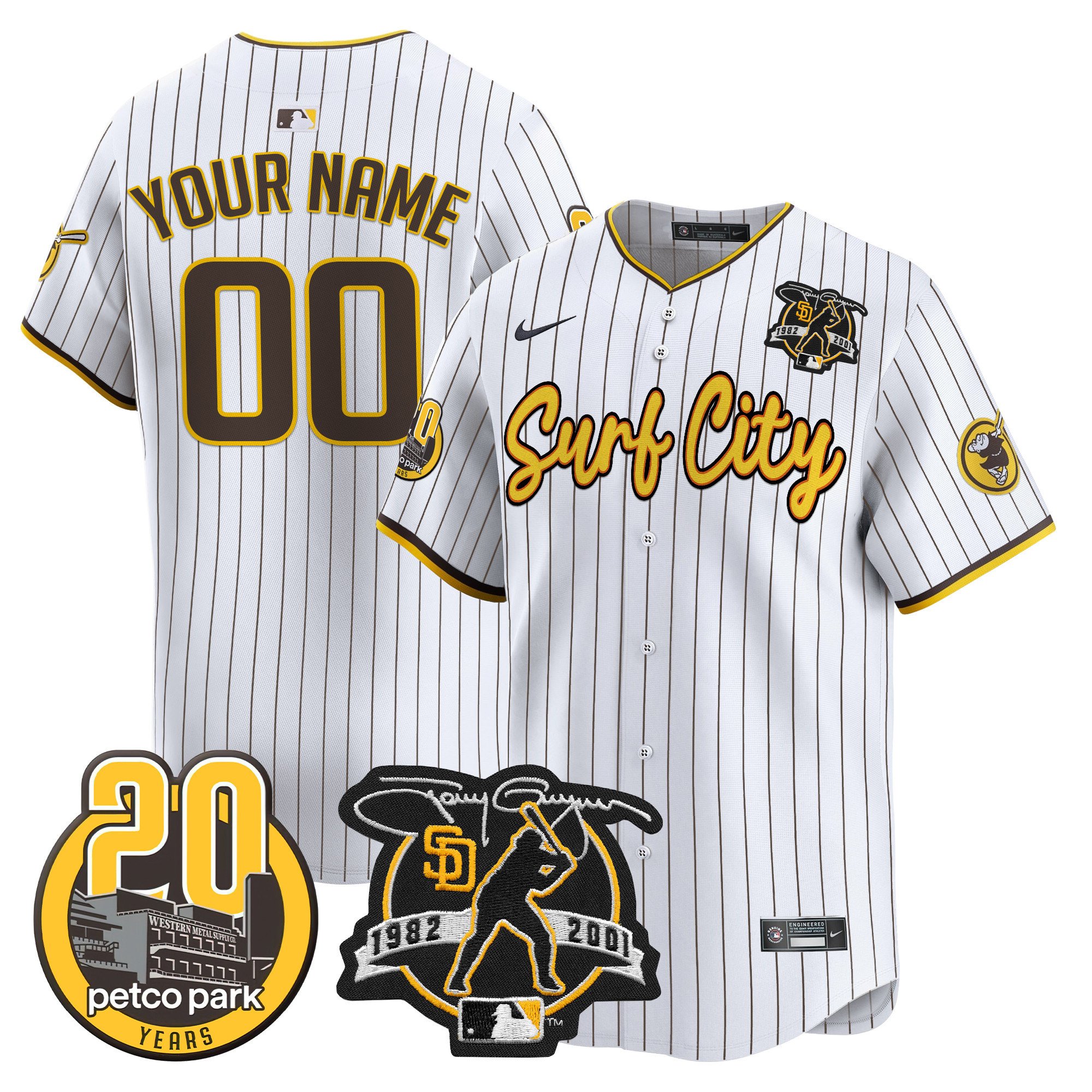 Men San Diego Padres Tony Gwynn & Petco Park 20th Patch Vapor Premier Limited Custom Pinstripe Jersey V3 Ã± All Stitched