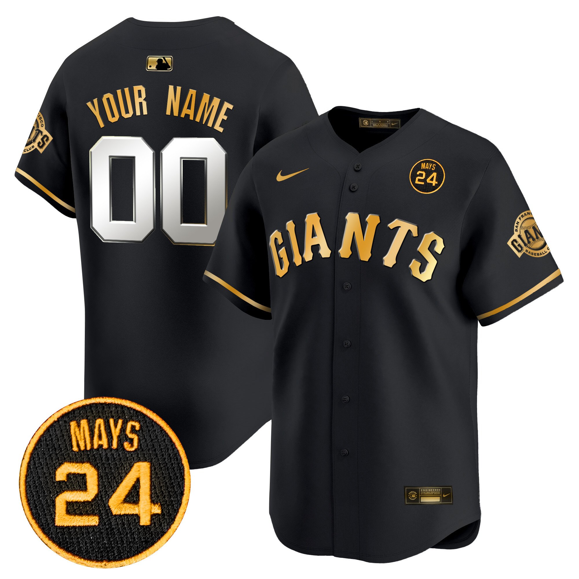Men San Francisco Giants 2024 Willie Mays Patch Vapor Premier Limited Custom Black Gold Jersey V3 - All Stitched