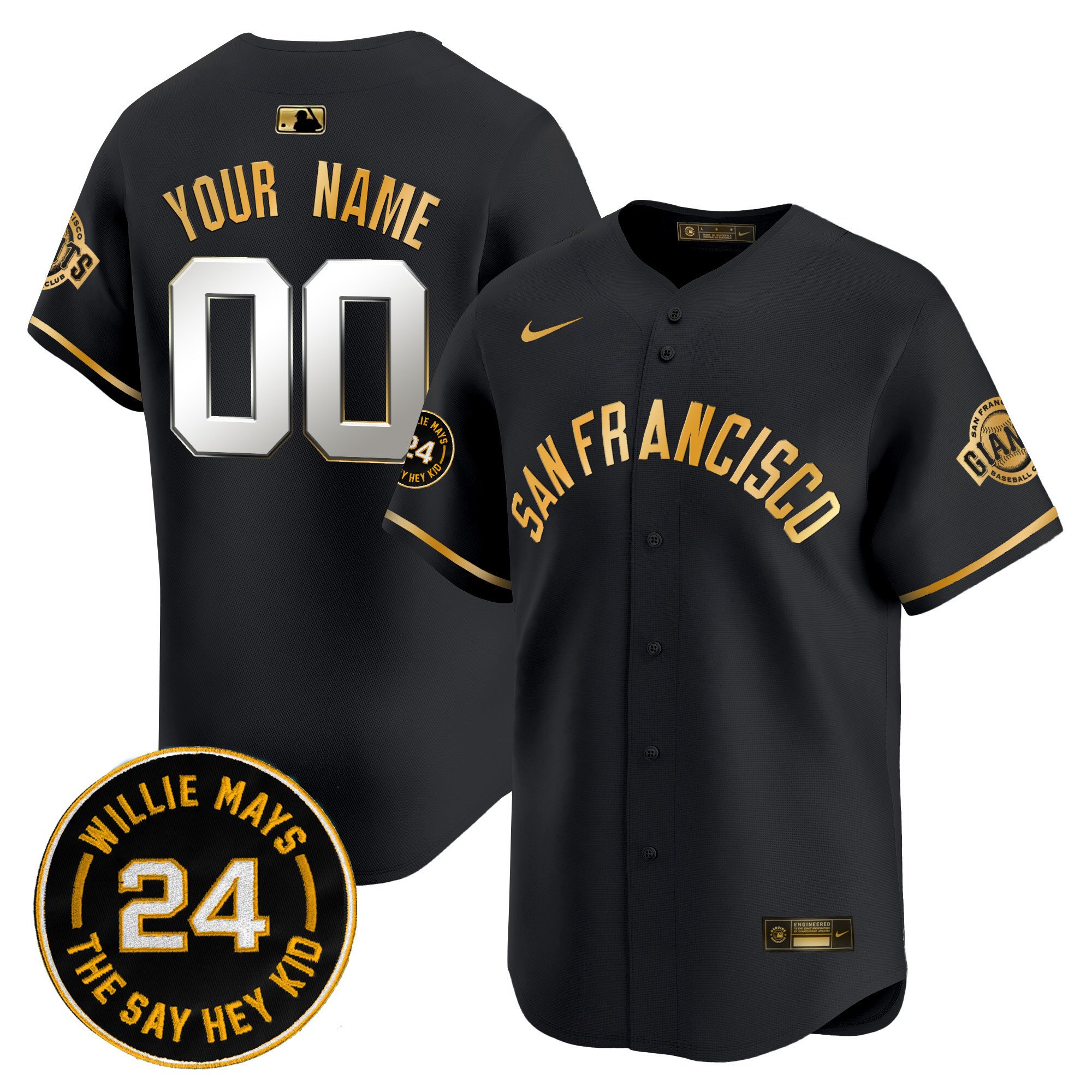 Men San Francisco Giants 2024 Willie Mays Patch Vapor Premier Limited Custom Black Gold Jersey V5 - All Stitched