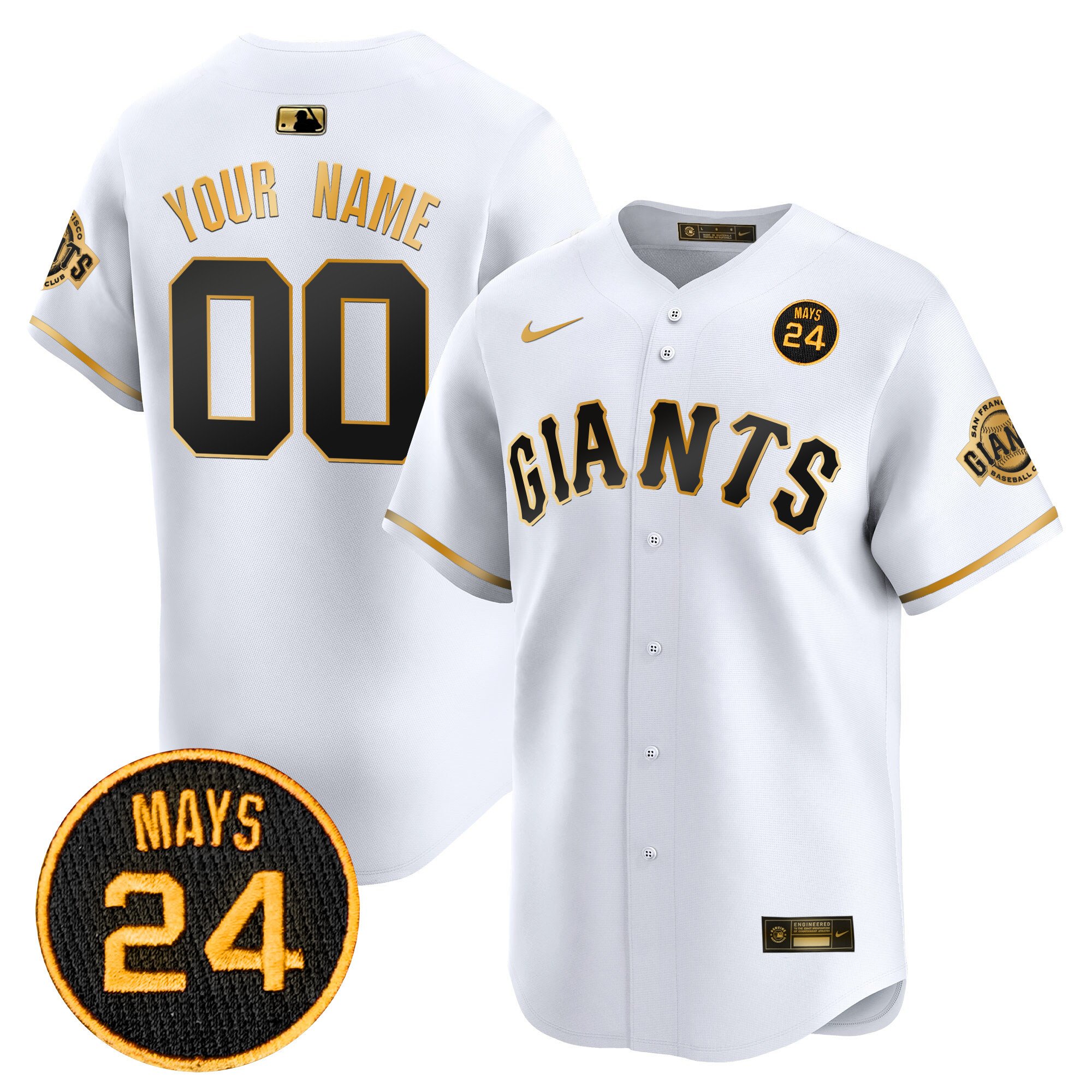Men San Francisco Giants 2024 Willie Mays Patch Vapor Premier Limited Custom White Gold Jersey V3 - All Stitched