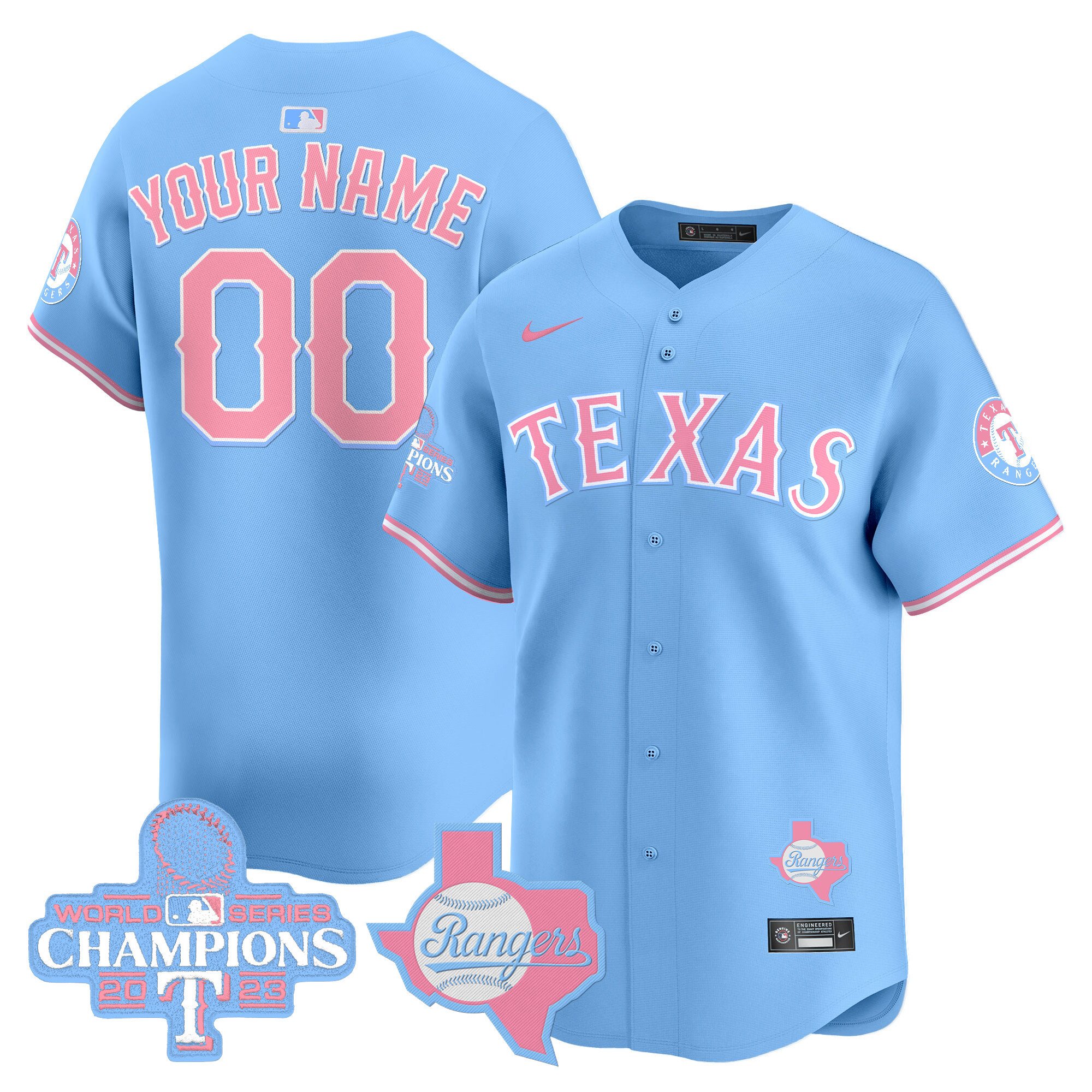 Men Texas Rangers Bubblegum Pink Vapor Premier Limited Custom Light Blue Jersey - All Stitched