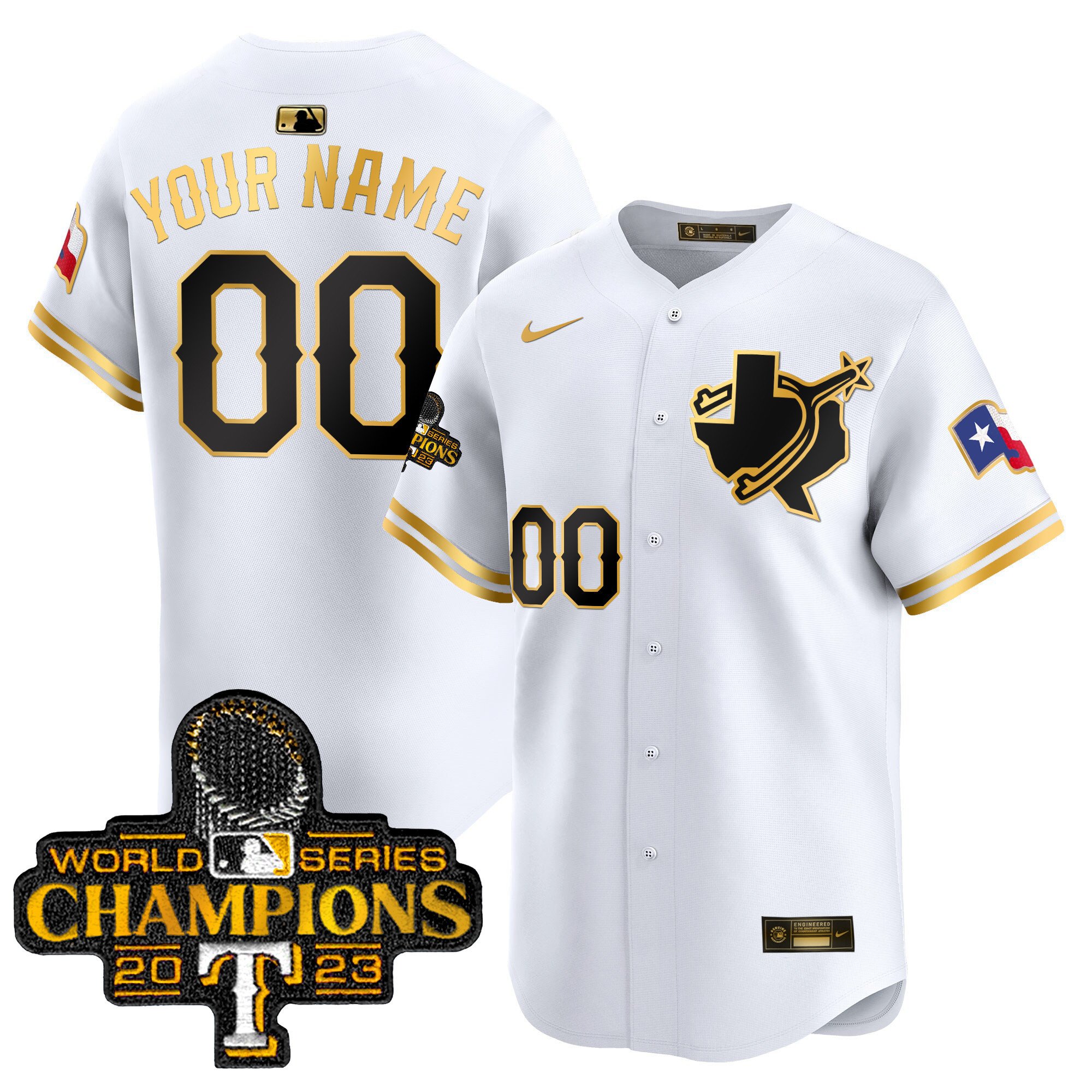 Men Texas Rangers World Series Champions Vapor Premier Limited Custom White Gold Jersey V3 - All Stitched