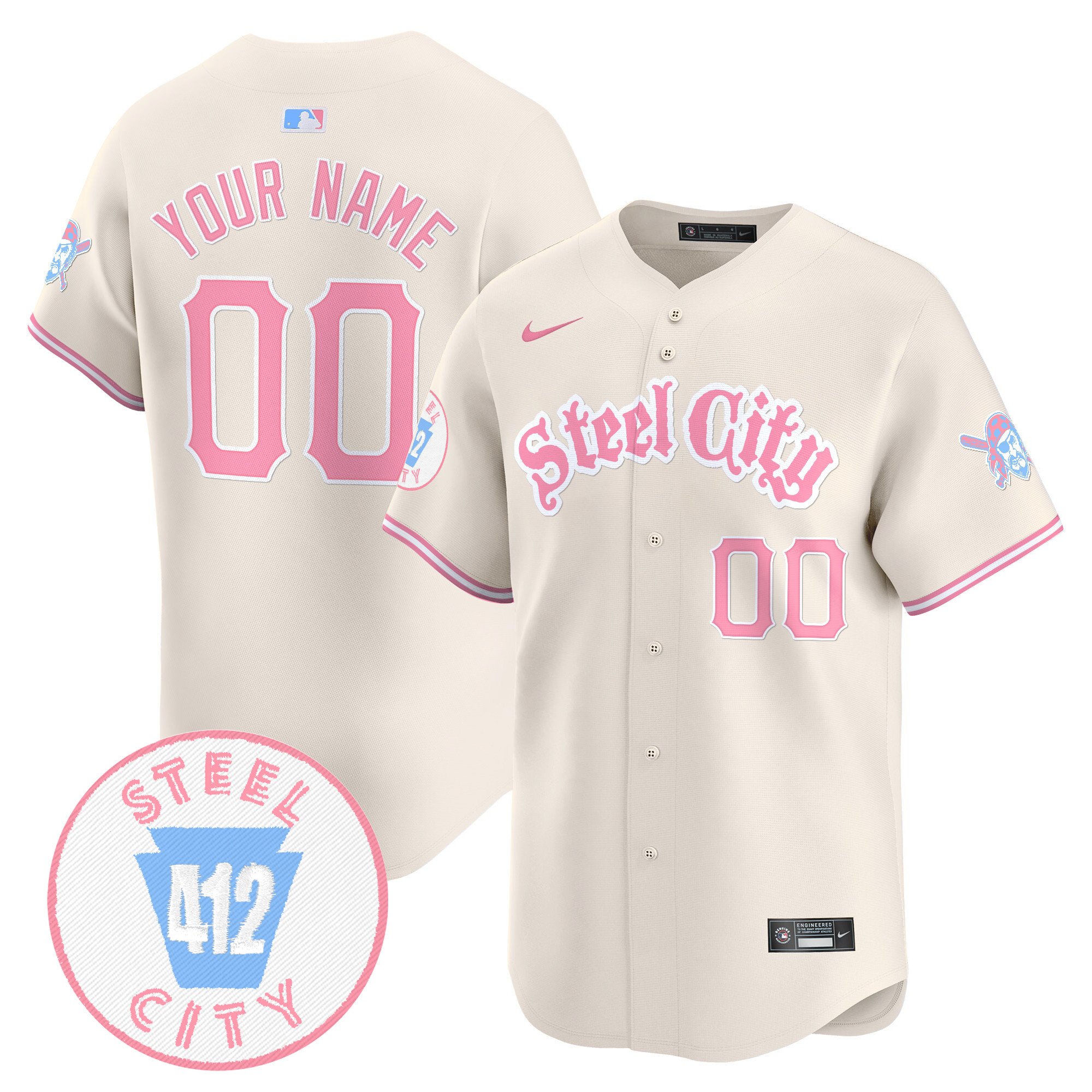 Men Unisex Pittsburgh Pirates Bubblegum Pink Vapor Premier Limited Custom Cream Jersey V2 - All Stitched