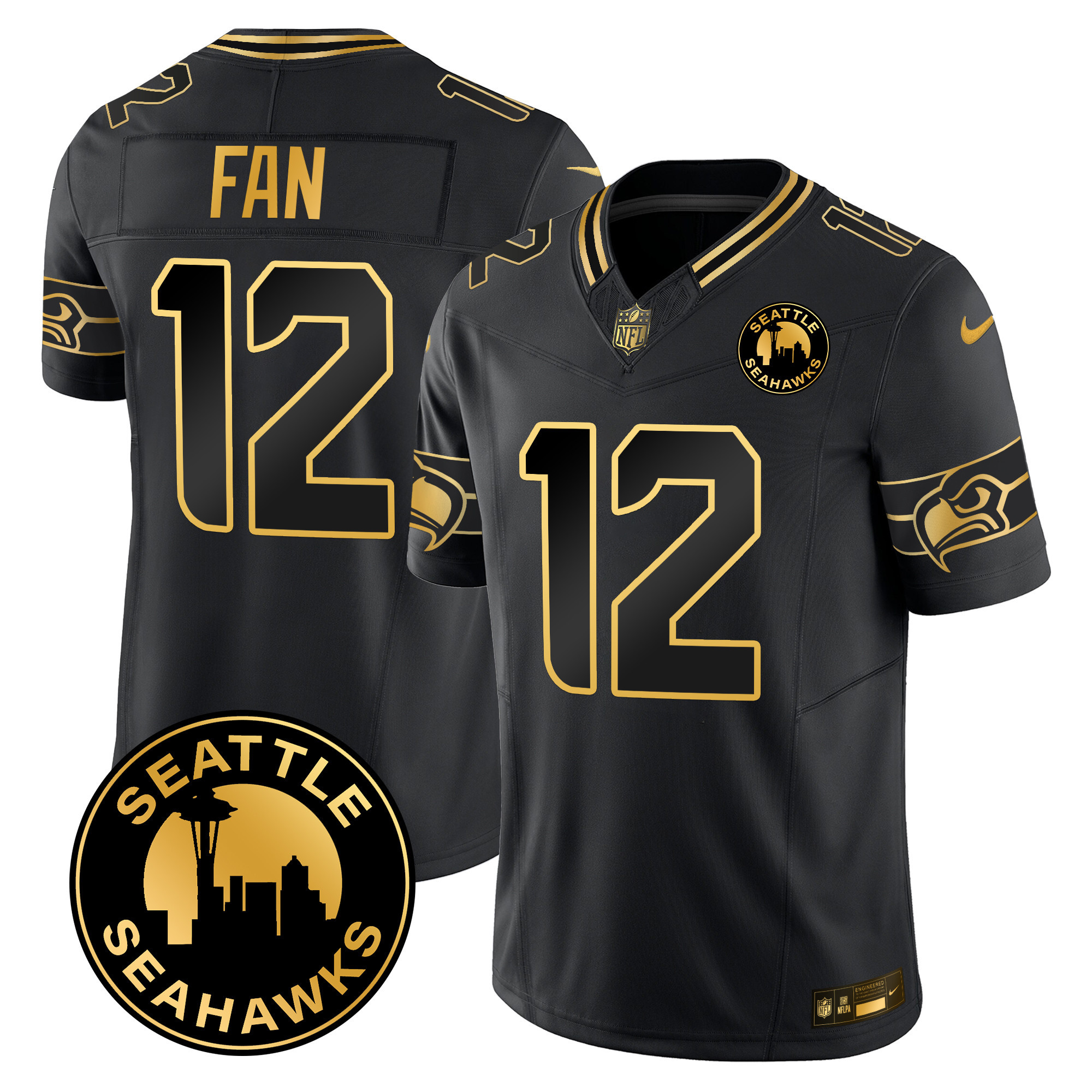 Men's 12Th Fan Seattle Seahawks 2024 Seattle City Patch Gold Vapor Limited Black Gold Jersey - All Stitched