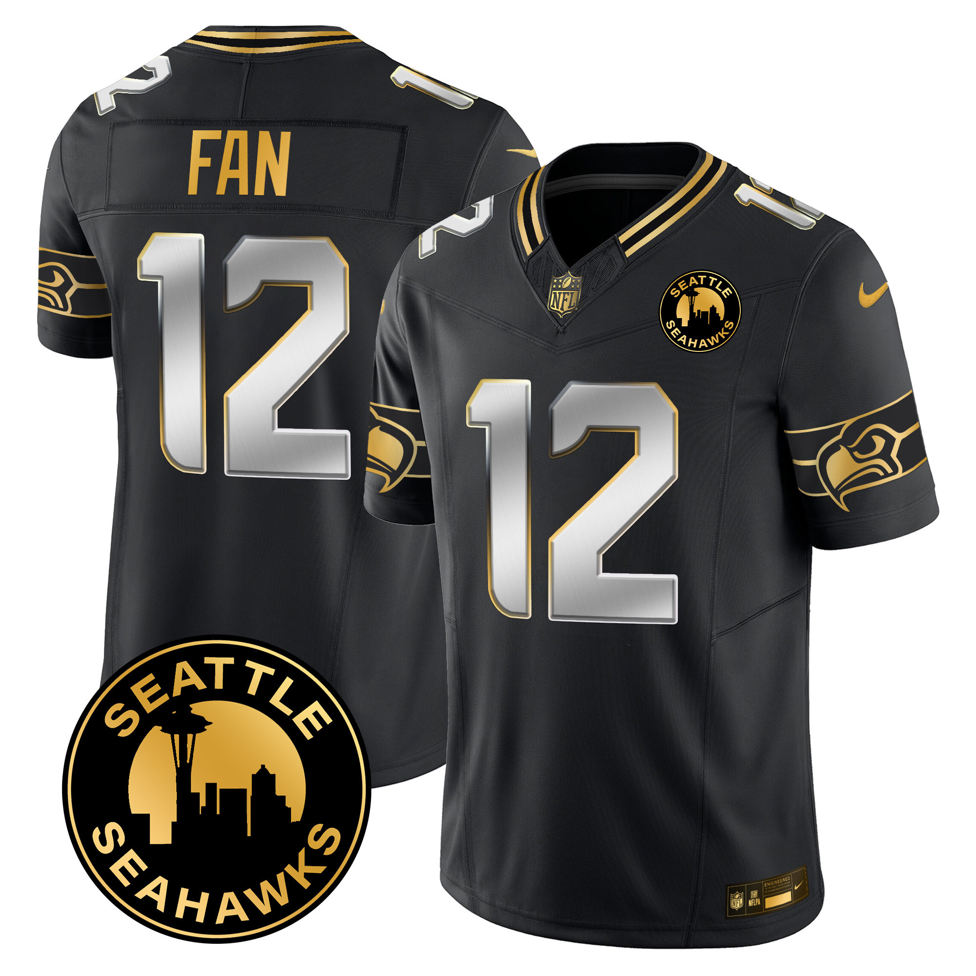 Men's 12Th Fan Seattle Seahawks 2024 Seattle City Patch Gold Vapor Limited Black Limited Jersey - All Stitched
